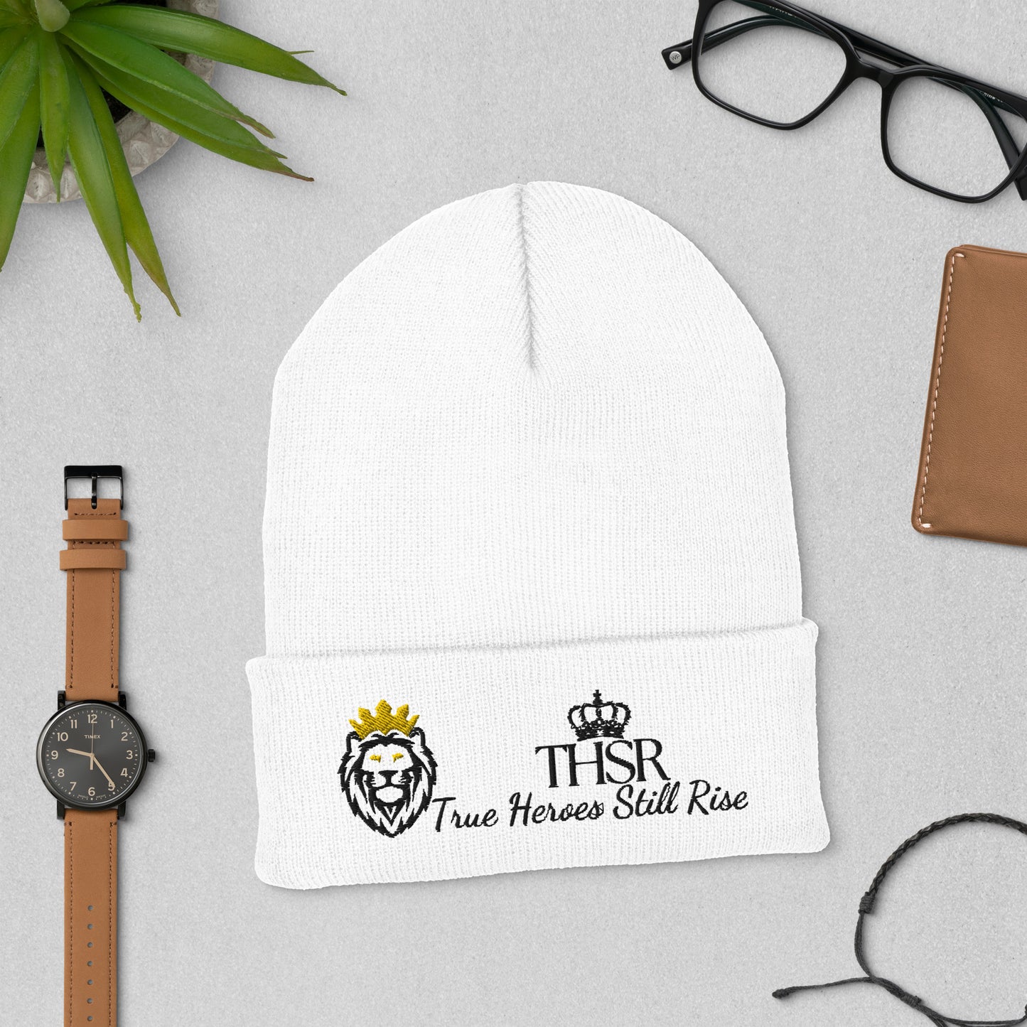 THSR White Cuffed Beanie with Black & Gold Embroidered THSR KING Lion & Black Embroidered Crowned THSR True Heroes Still Rise Logo – Warm, Stylish Winter Hat