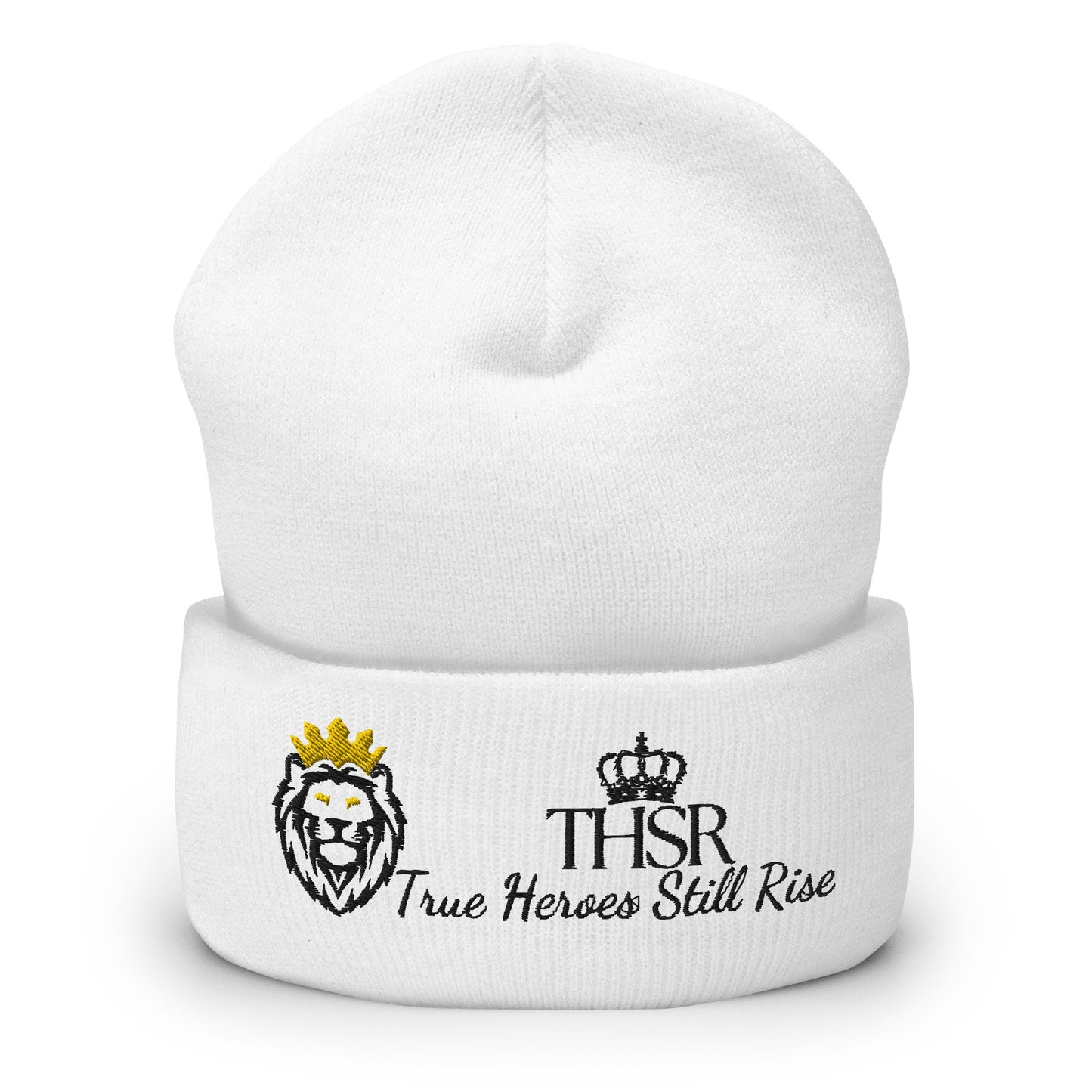 THSR White Cuffed Beanie with Black & Gold Embroidered THSR KING Lion & Black Embroidered Crowned THSR True Heroes Still Rise Logo – Warm, Stylish Winter Hat