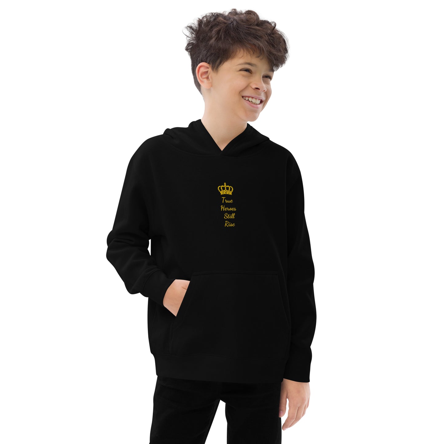 THSR Youth Pullover Hoodies with Center-Chest Logo – Black or White Pullover Hoodies Featuring Gold "True Heroes Still Rise" under a crown Design for Kids