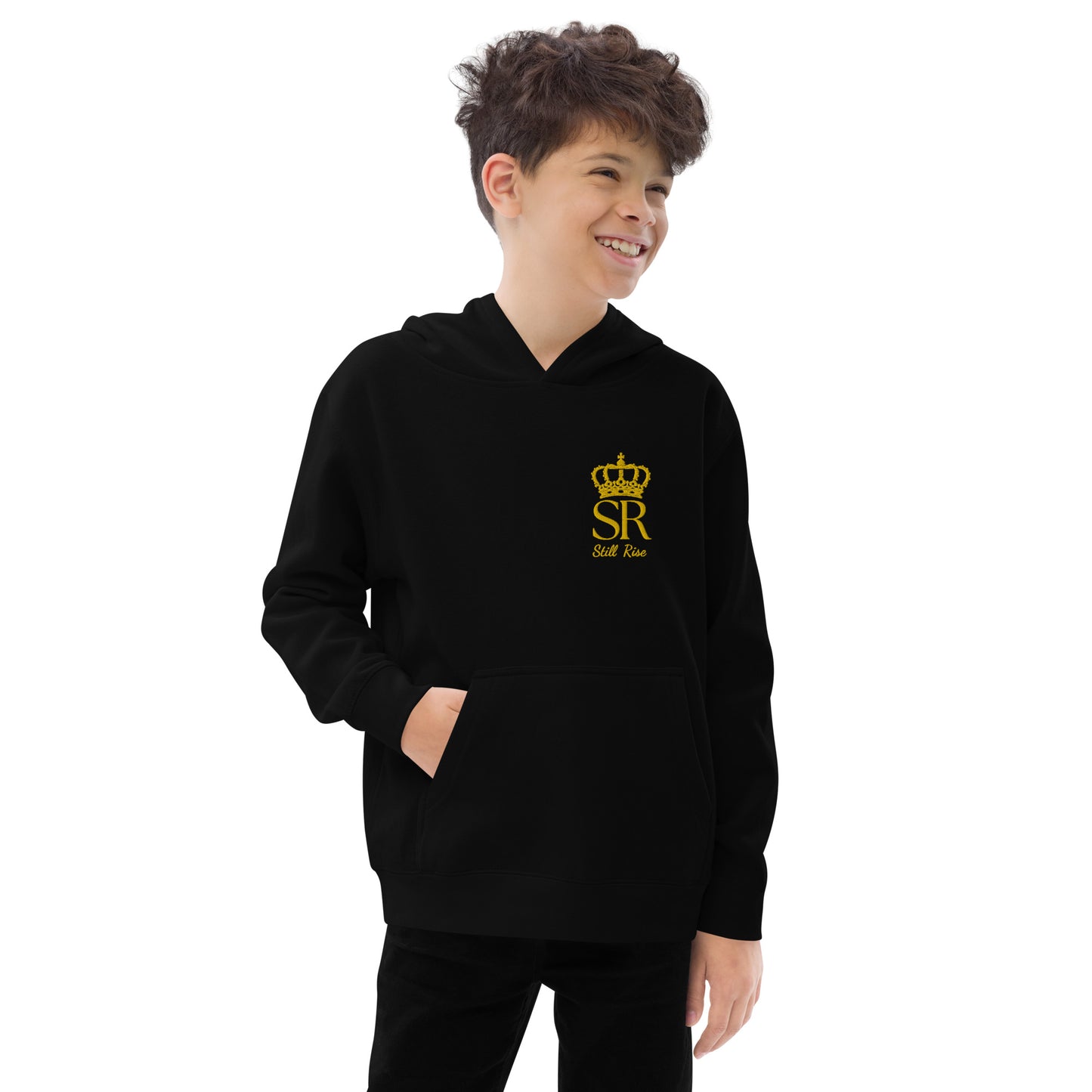 THSR Youth Pullover Hoodies with Left-Chest Logo – Black or White Pullover Hoodies Featuring Gold THSR "SR Still Rise" under a crown Design for Kids