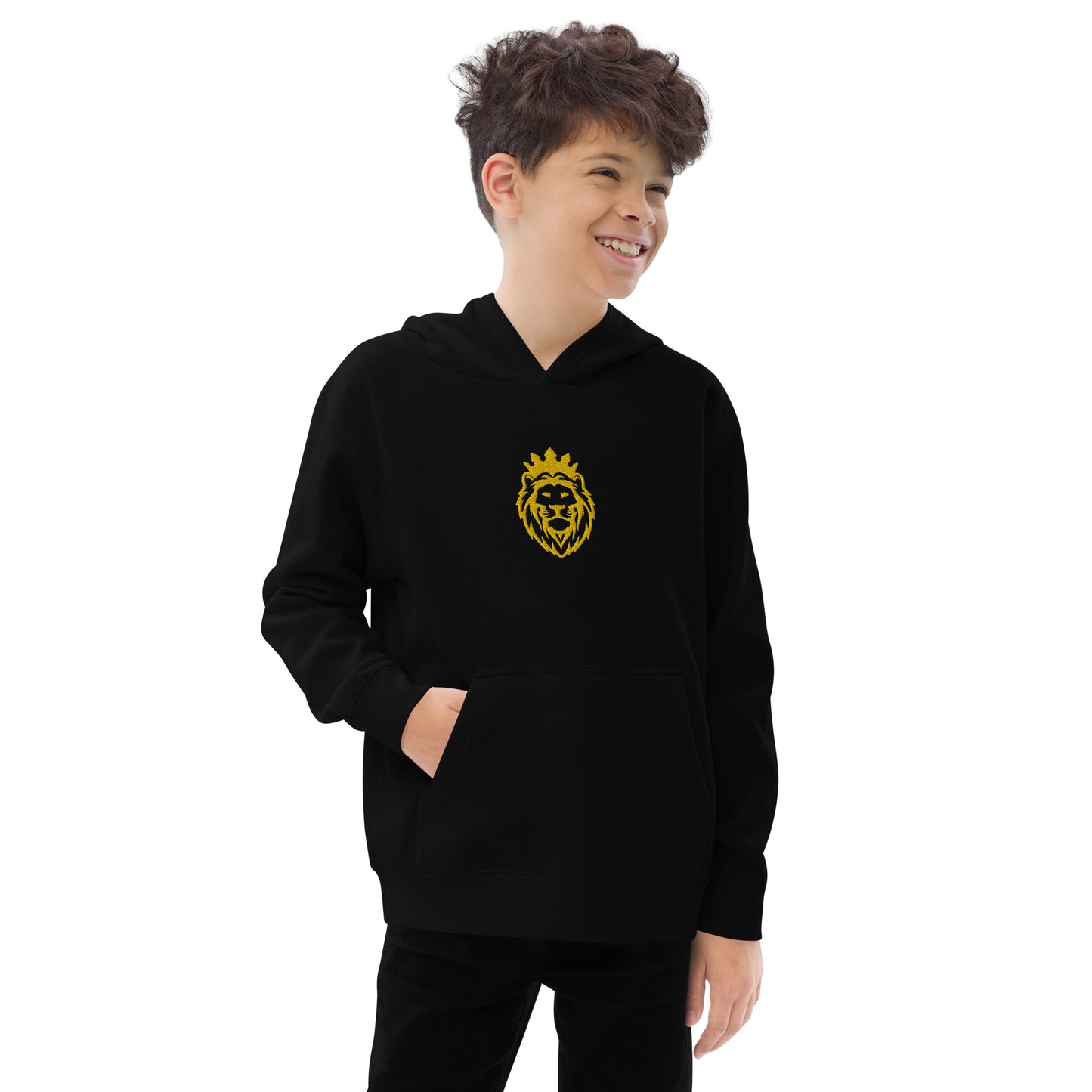 THSR Youth Pullover Hoodies with Center-Chest Logo – Black or White Pullover Hoodies Featuring Gold THSR KING Lion wearing a crown Design for Kids