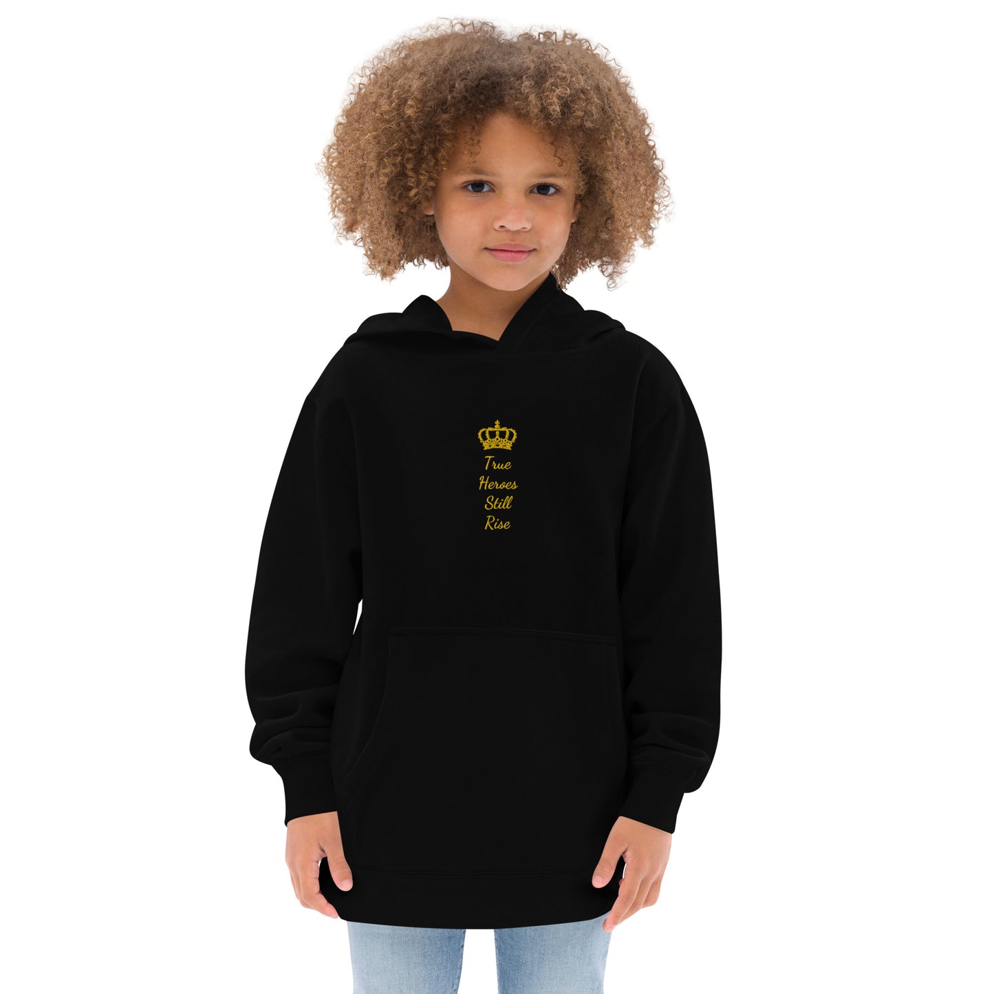 THSR Youth Pullover Hoodies with Center-Chest Logo – Black or White Pullover Hoodies Featuring Gold "True Heroes Still Rise" under a crown Design for Kids