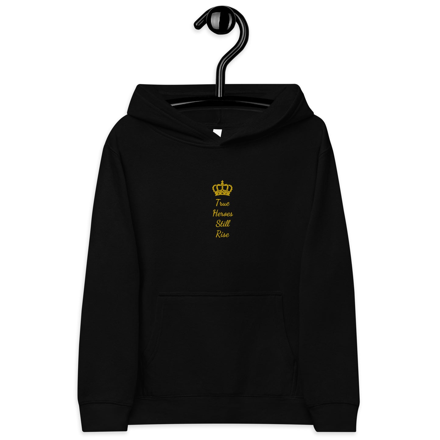 THSR Youth Pullover Hoodies with Center-Chest Logo – Black or White Pullover Hoodies Featuring Gold "True Heroes Still Rise" under a crown Design for Kids