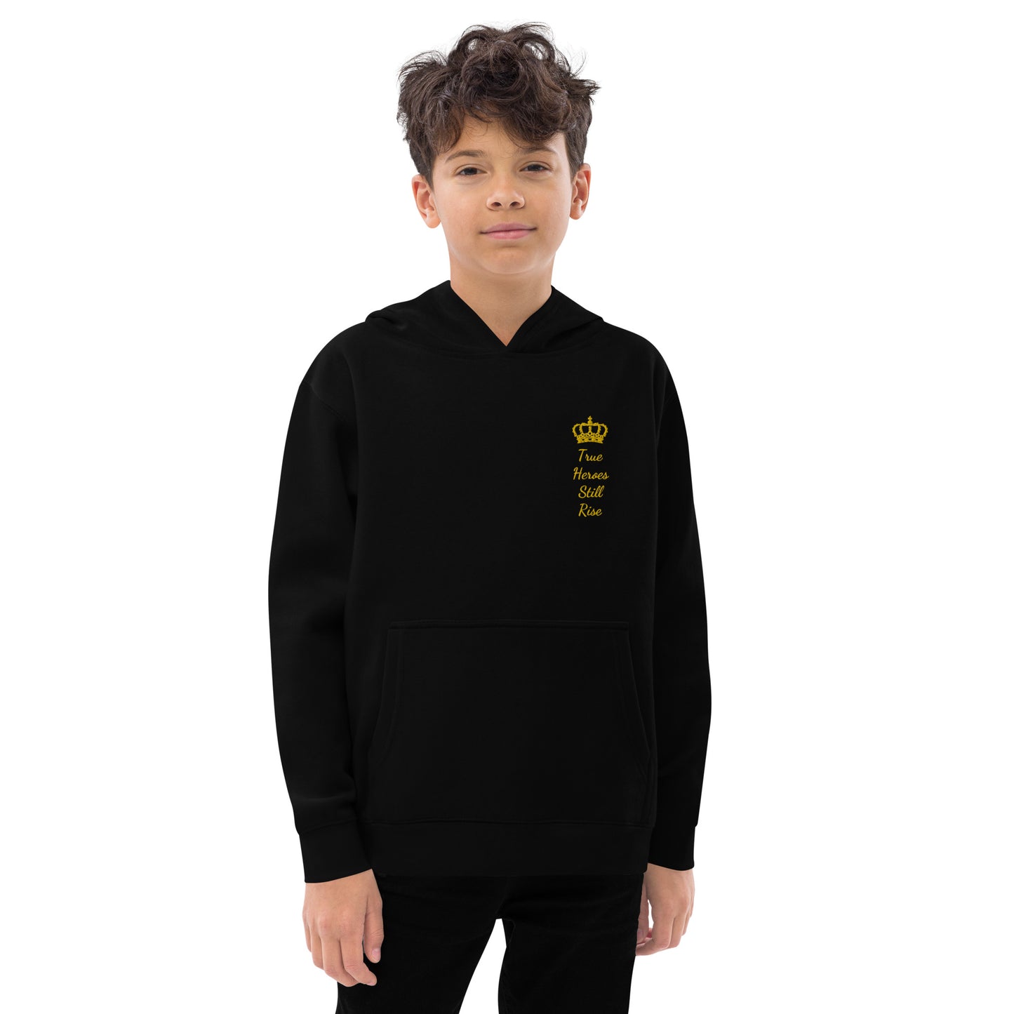 THSR Youth Pullover Hoodies with Left-Chest Logo –Black or White Pullover Hoodies Featuring Gold "True Heroes Still Rise" under a crown Design for Kids