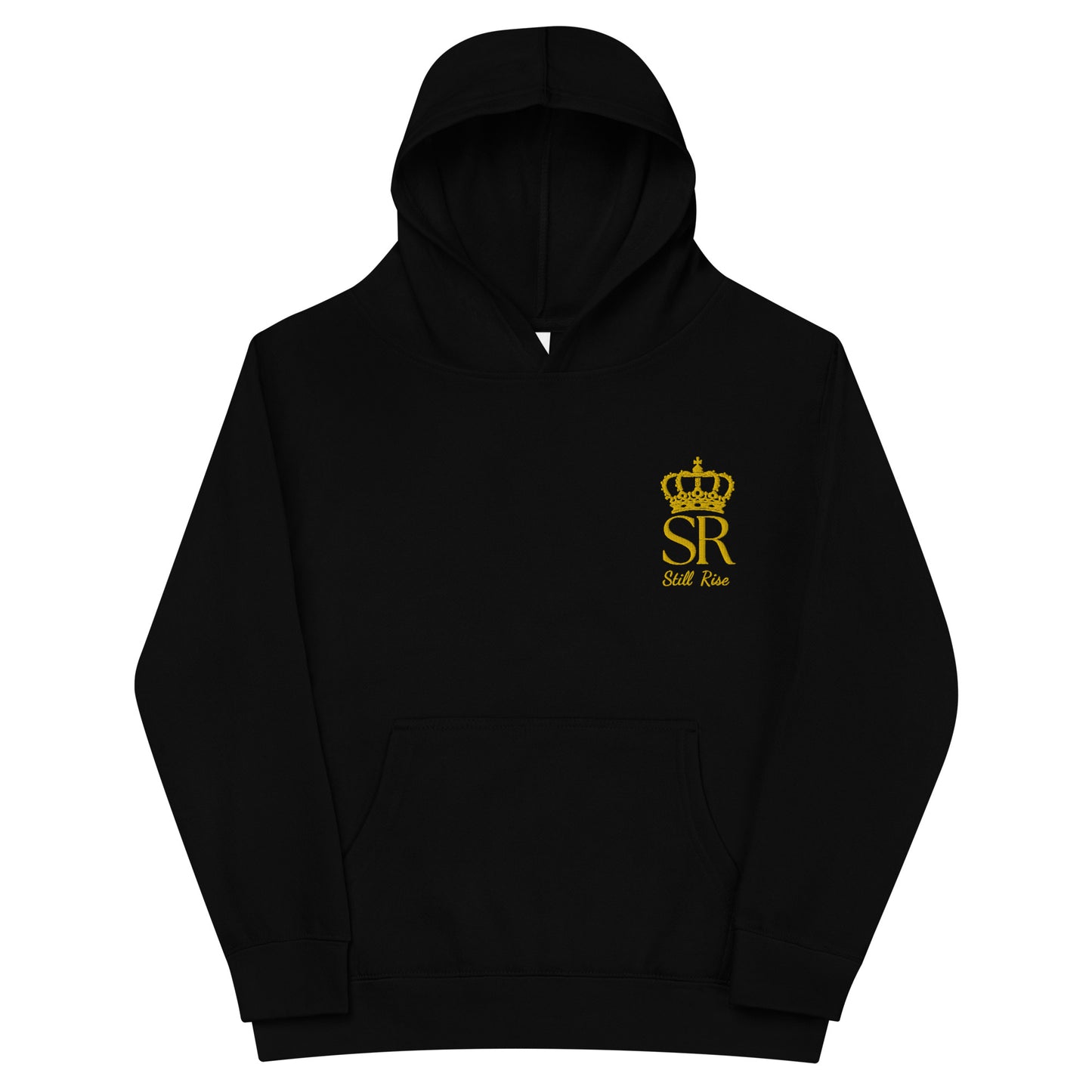 THSR Youth Pullover Hoodies with Left-Chest Logo – Black or White Pullover Hoodies Featuring Gold THSR "SR Still Rise" under a crown Design for Kids