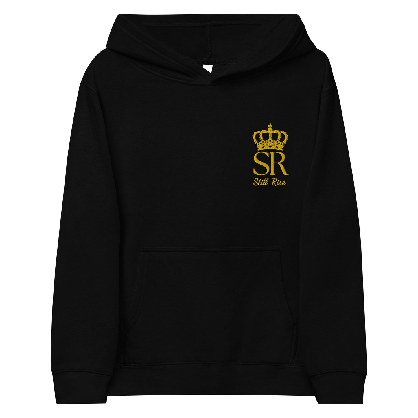 THSR Youth Pullover Hoodies with Left-Chest Logo – Black or White Pullover Hoodies Featuring Gold THSR "SR Still Rise" under a crown Design for Kids