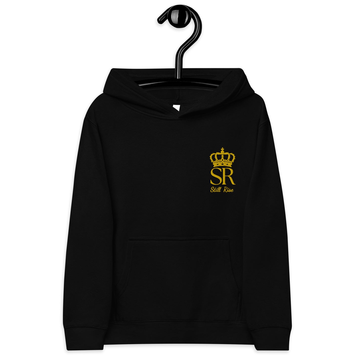 THSR Youth Pullover Hoodies with Left-Chest Logo – Black or White Pullover Hoodies Featuring Gold THSR "SR Still Rise" under a crown Design for Kids