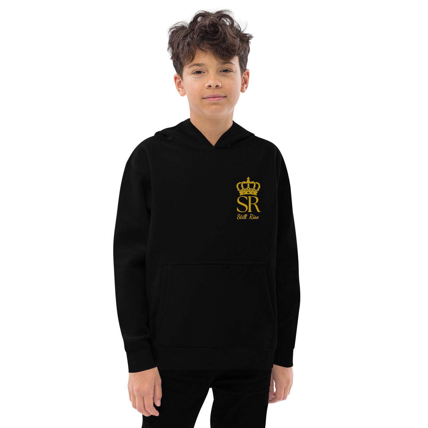 THSR Youth Pullover Hoodies with Left-Chest Logo – Black or White Pullover Hoodies Featuring Gold THSR "SR Still Rise" under a crown Design for Kids