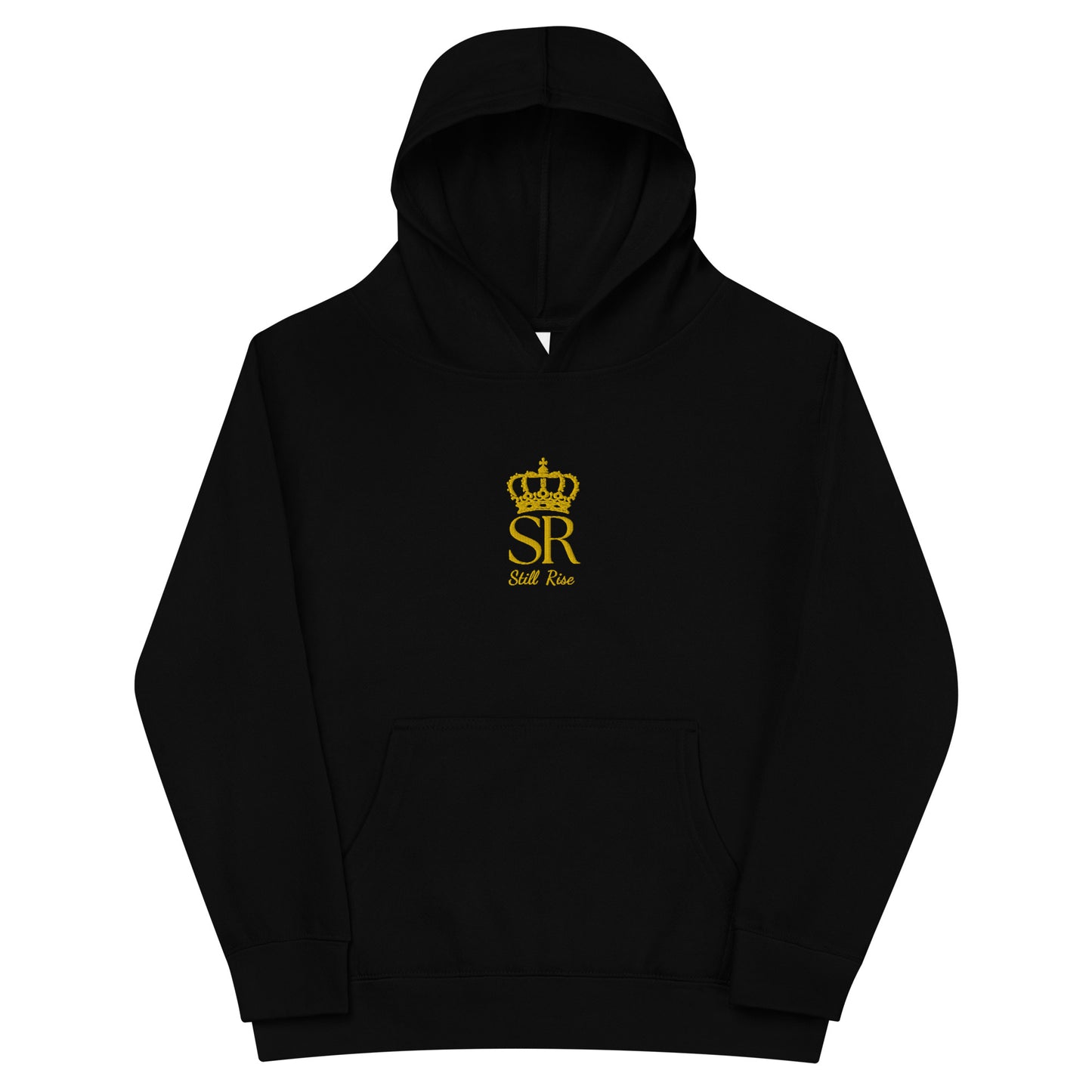 THSR Youth Pullover Hoodies with Center-Chest Logo – Black or White Pullover Hoodies Featuring Gold THSR "SR Still Rise" under a crown Design for Kids