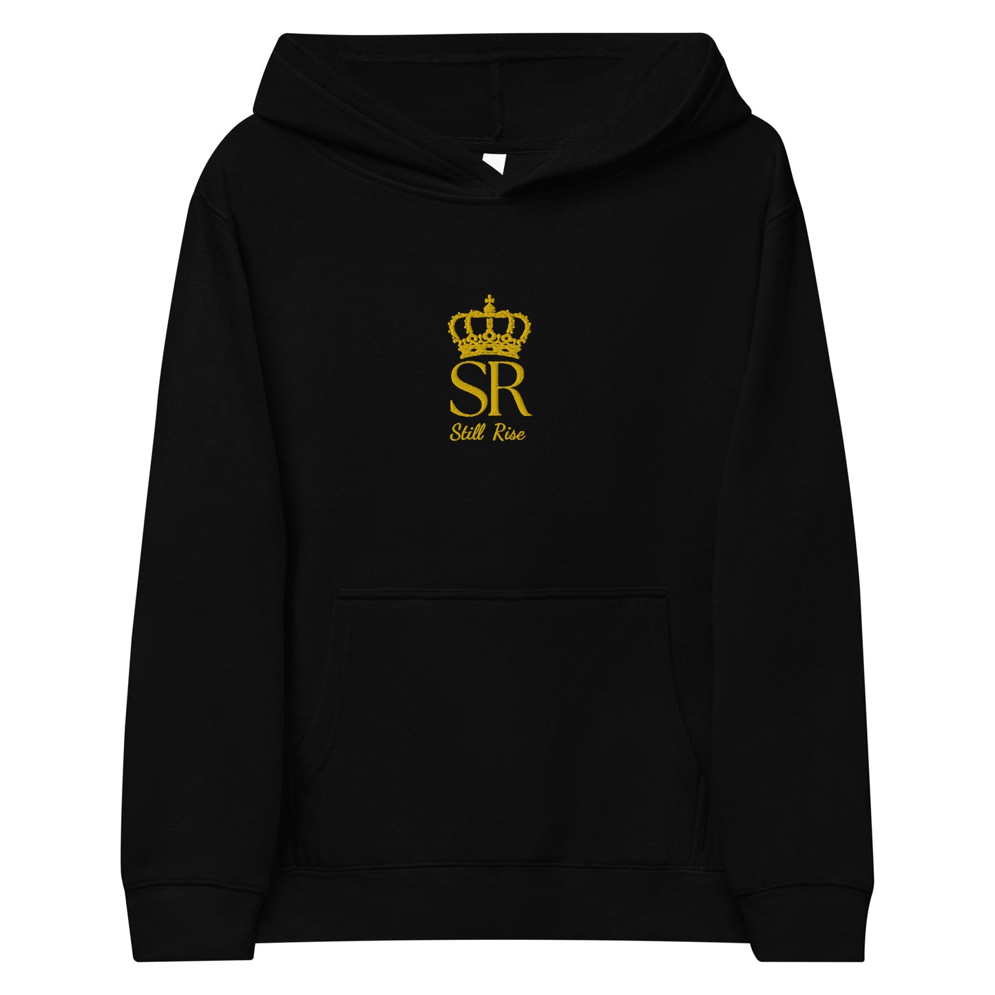 THSR Youth Pullover Hoodies with Center-Chest Logo – Black or White Pullover Hoodies Featuring Gold THSR "SR Still Rise" under a crown Design for Kids