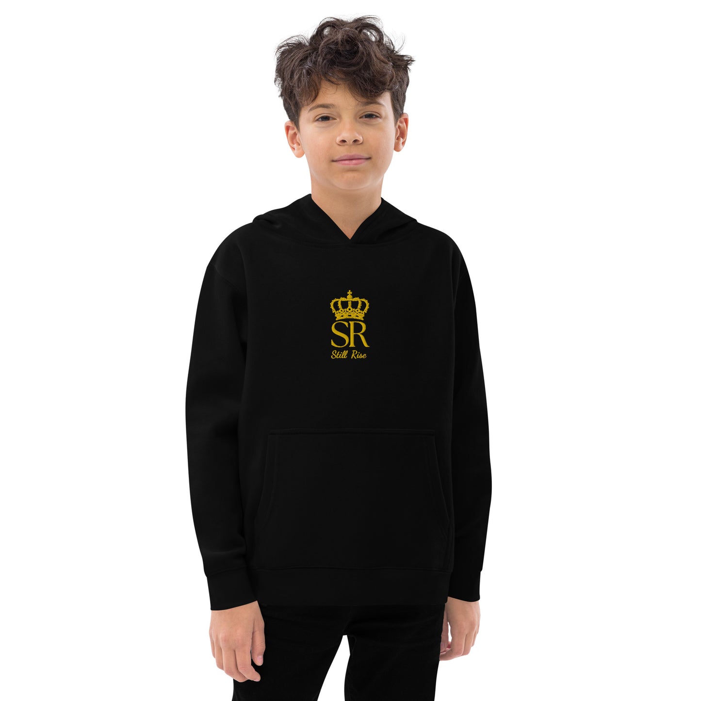 THSR Youth Pullover Hoodies with Center-Chest Logo – Black or White Pullover Hoodies Featuring Gold THSR "SR Still Rise" under a crown Design for Kids