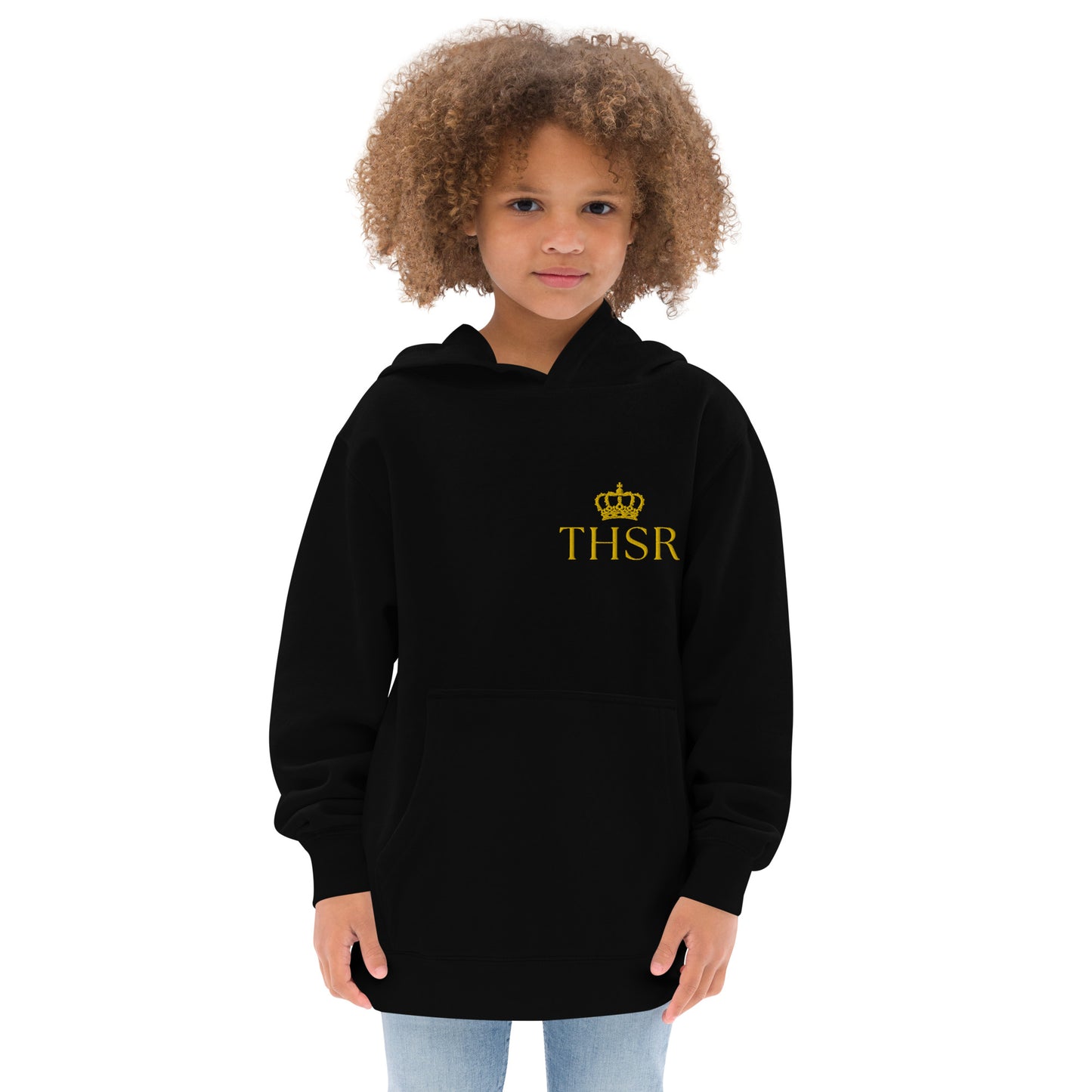 THSR Youth Pullover Hoodies with Left-Chest Logo – Black or White Pullover Hoodies Featuring Gold "THSR" under a crown Design for Kids