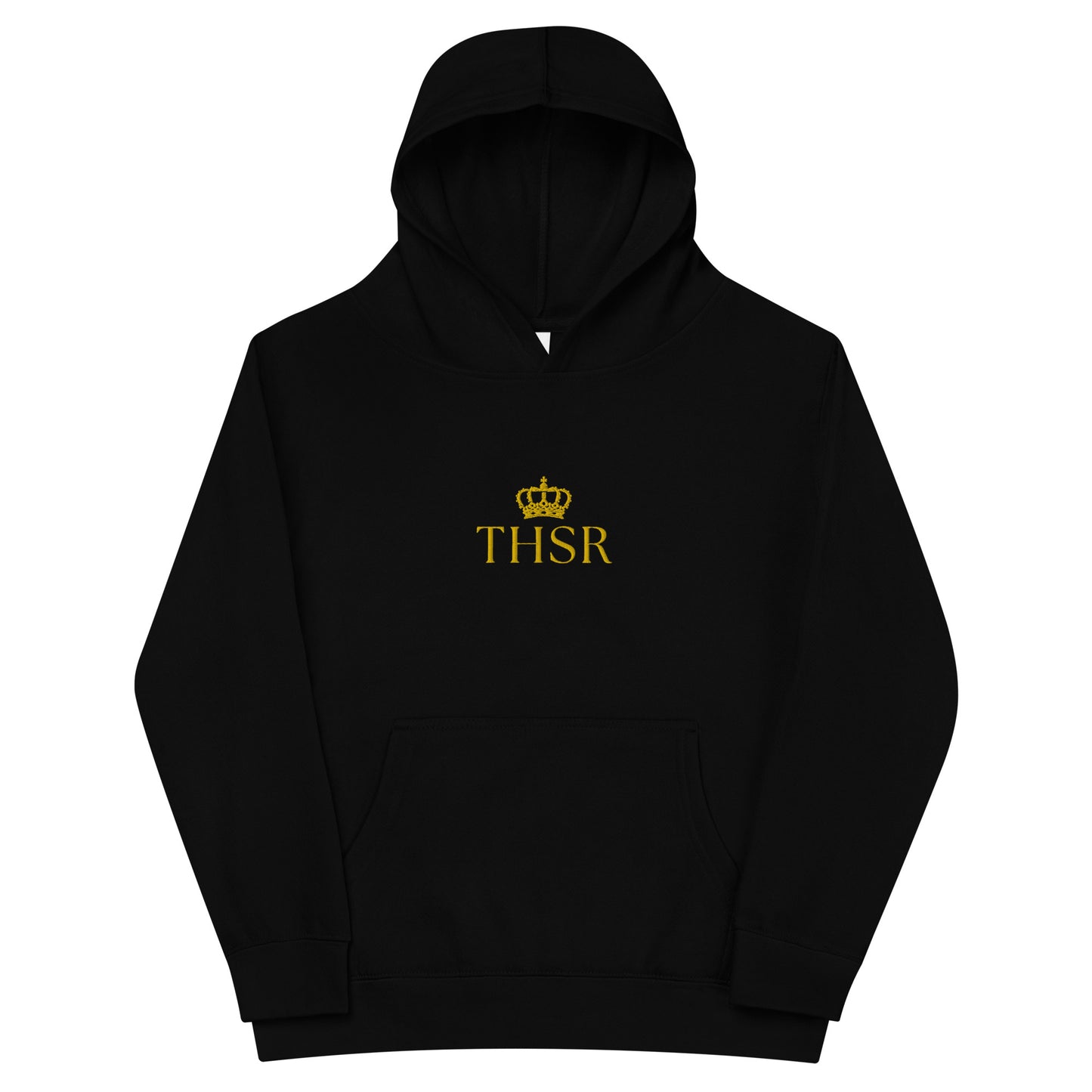 THSR Youth Pullover Hoodies with Center-Chest Logo – Black or White Pullover Hoodies Featuring Gold "THSR" under a crown Design for Kids