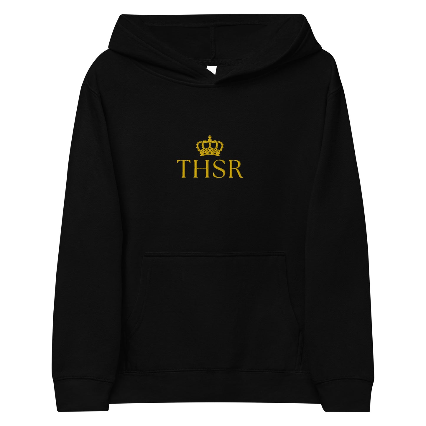 THSR Youth Pullover Hoodies with Center-Chest Logo – Black or White Pullover Hoodies Featuring Gold "THSR" under a crown Design for Kids