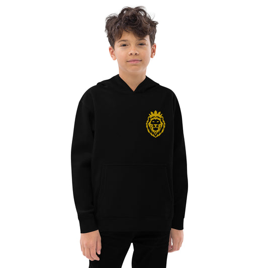 THSR Youth Pullover Hoodies with Left-Chest Logo – Black or White Pullover Hoodies Featuring Gold THSR KING Lion wearing a crown Design for Kids