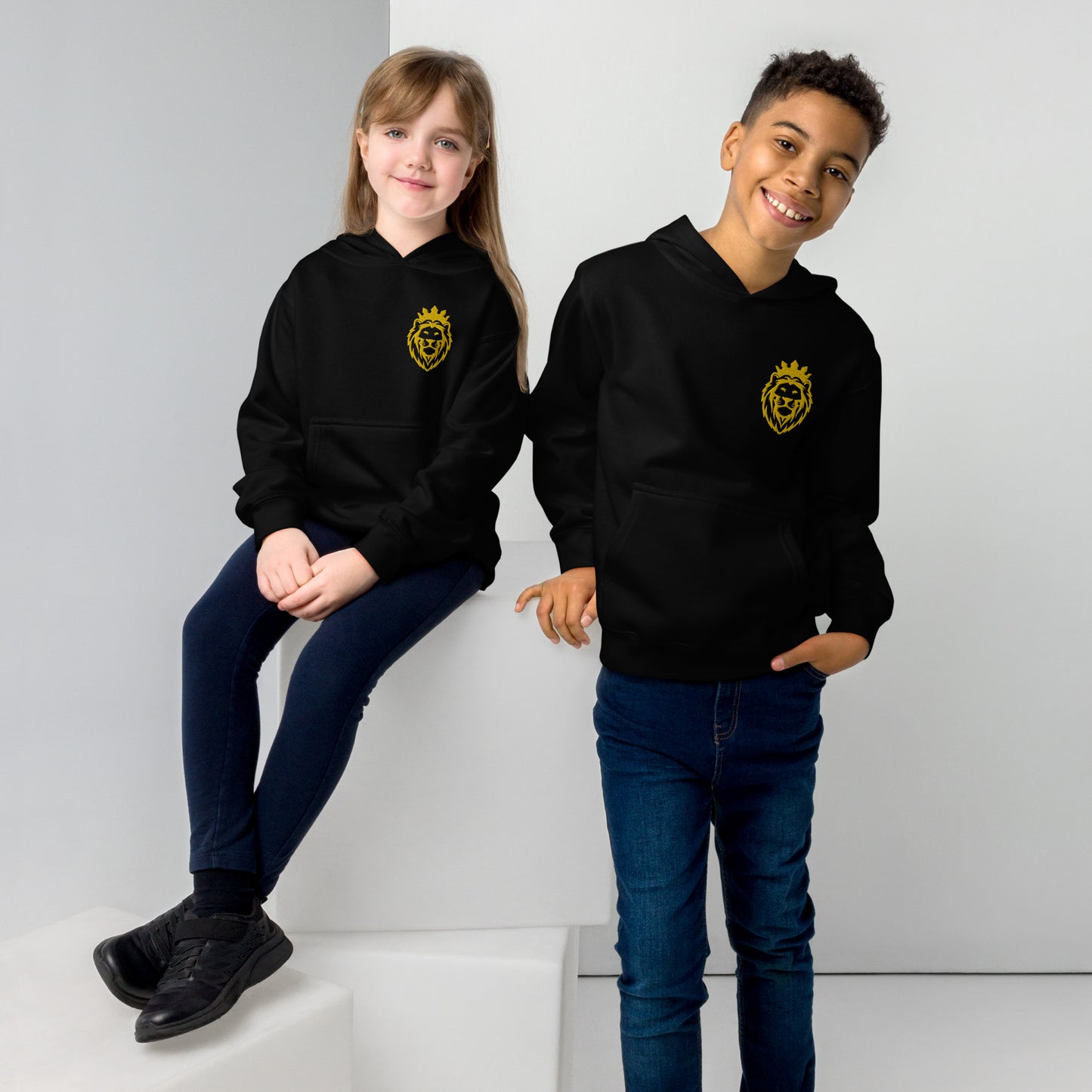 THSR Youth Pullover Hoodies with Left-Chest Logo – Black or White Pullover Hoodies Featuring Gold THSR KING Lion wearing a crown Design for Kids