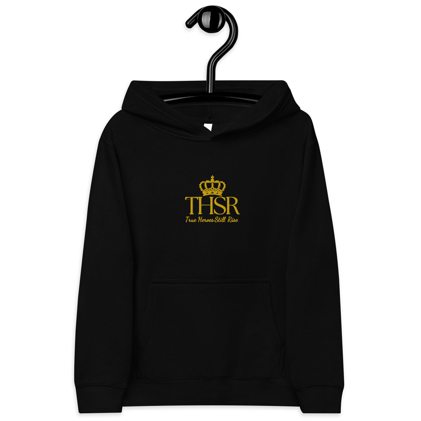 THSR Youth Pullover Hoodies with Center-Chest Logo – Black or White Pullover Hoodies Featuring Gold "THSR True Heroes Still Rise" under a crown Design for Kids