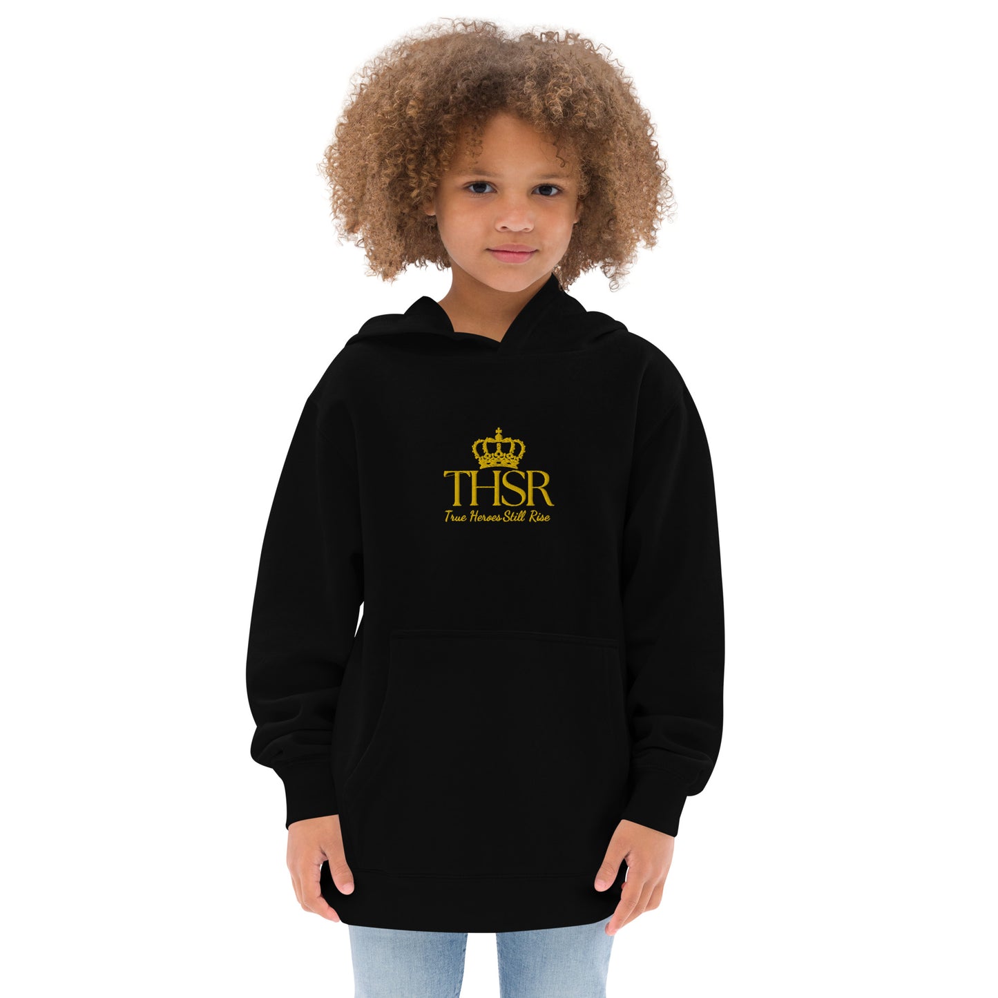 THSR Youth Pullover Hoodies with Center-Chest Logo – Black or White Pullover Hoodies Featuring Gold "THSR True Heroes Still Rise" under a crown Design for Kids