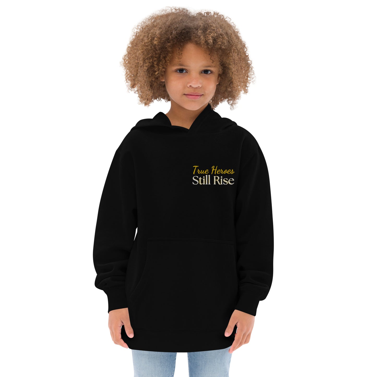 THSR Youth Pullover Hoodies with Left-Chest Logo – Black or White Pullover Hoodies Featuring Bold Gold "True Heroes Still Rise" Design for Kids