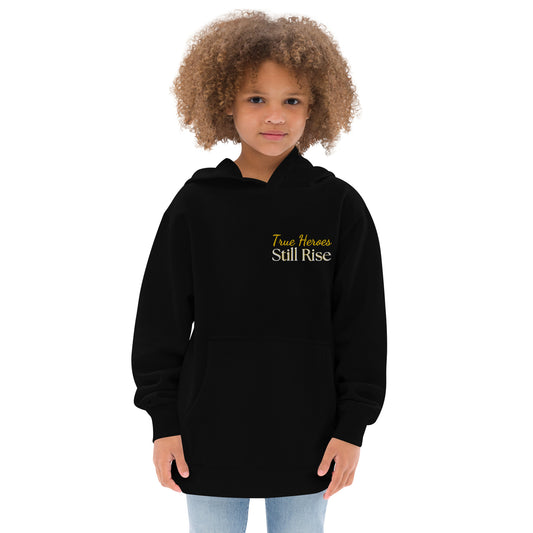 THSR Youth Pullover Hoodies with Left-Chest Logo – Black or White Pullover Hoodies Featuring Bold Gold "True Heroes Still Rise" Design for Kids