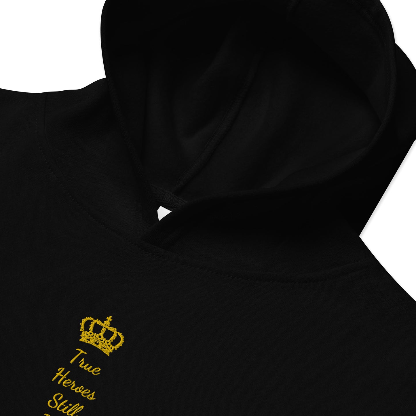 THSR Youth Pullover Hoodies with Center-Chest Logo – Black or White Pullover Hoodies Featuring Gold "True Heroes Still Rise" under a crown Design for Kids