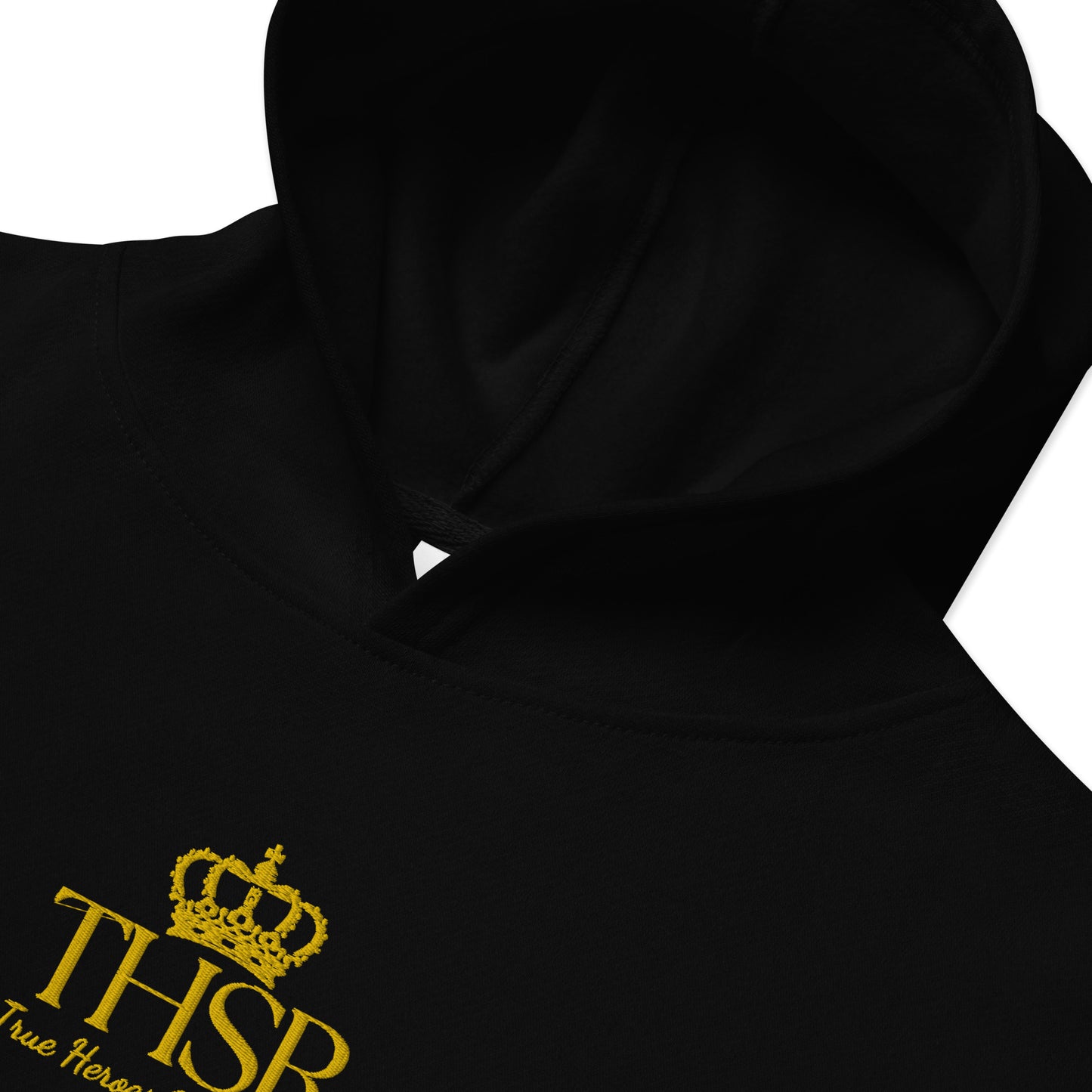 THSR Youth Pullover Hoodies with Center-Chest Logo – Black or White Pullover Hoodies Featuring Gold "THSR True Heroes Still Rise" under a crown Design for Kids