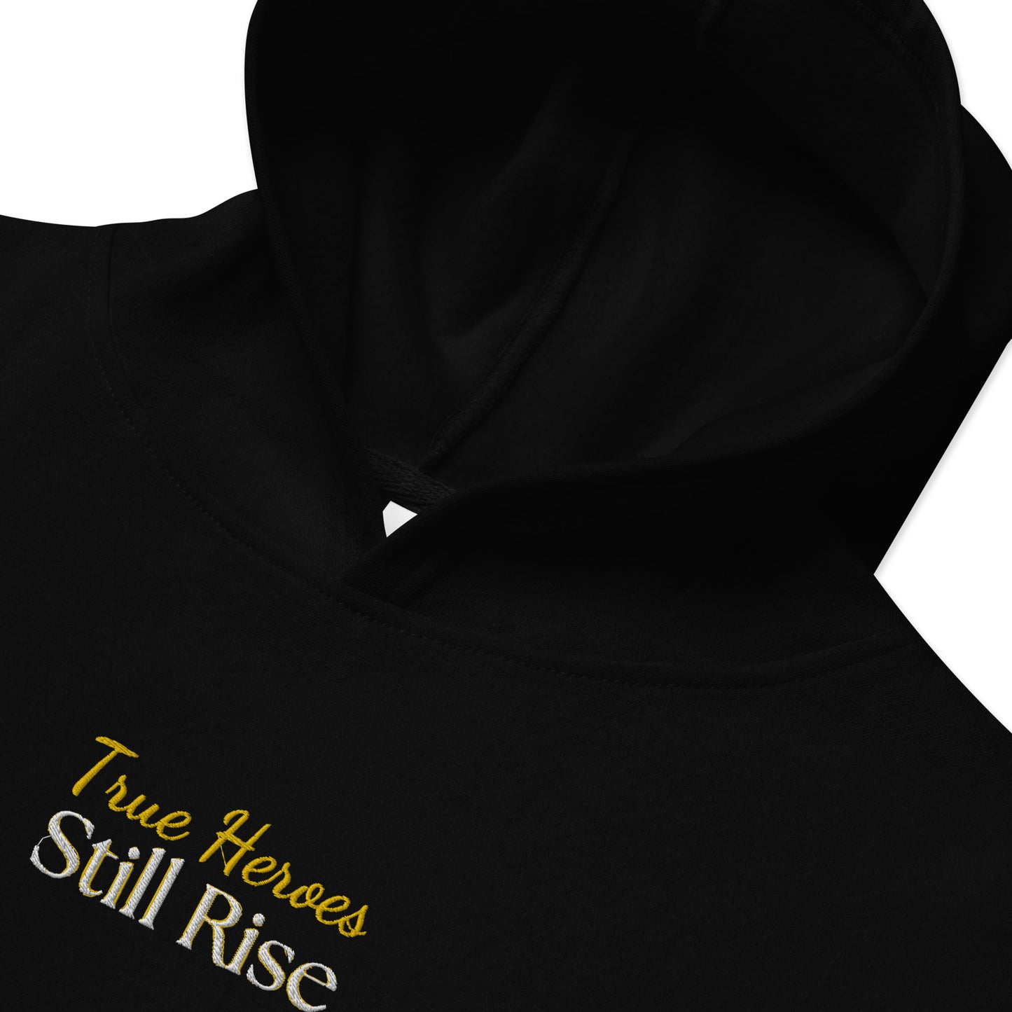 THSR Youth Pullover Hoodies with Center-Chest Logo – Black or White Pullover Hoodies Featuring Bold Gold "True Heroes Still Rise" Design for Kids