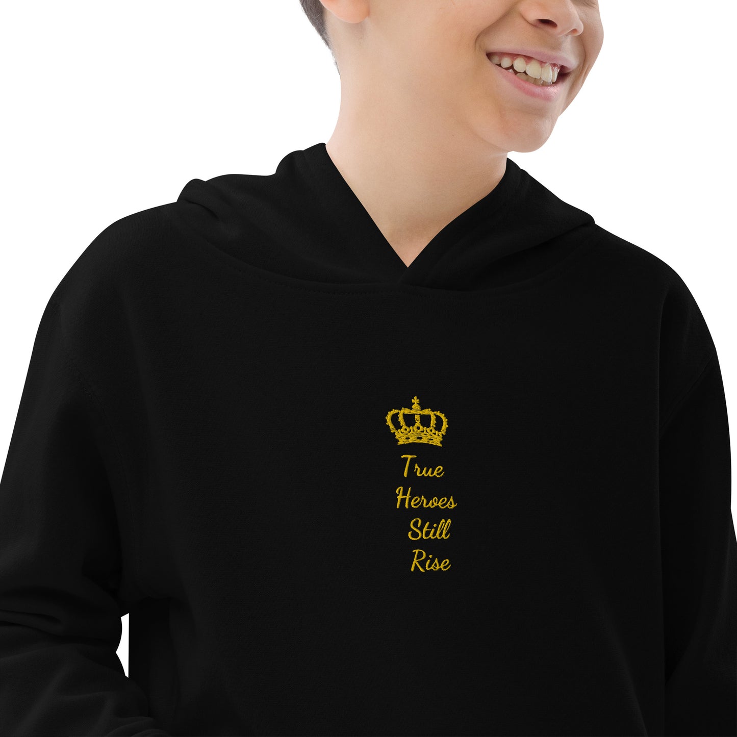 THSR Youth Pullover Hoodies with Center-Chest Logo – Black or White Pullover Hoodies Featuring Gold "True Heroes Still Rise" under a crown Design for Kids