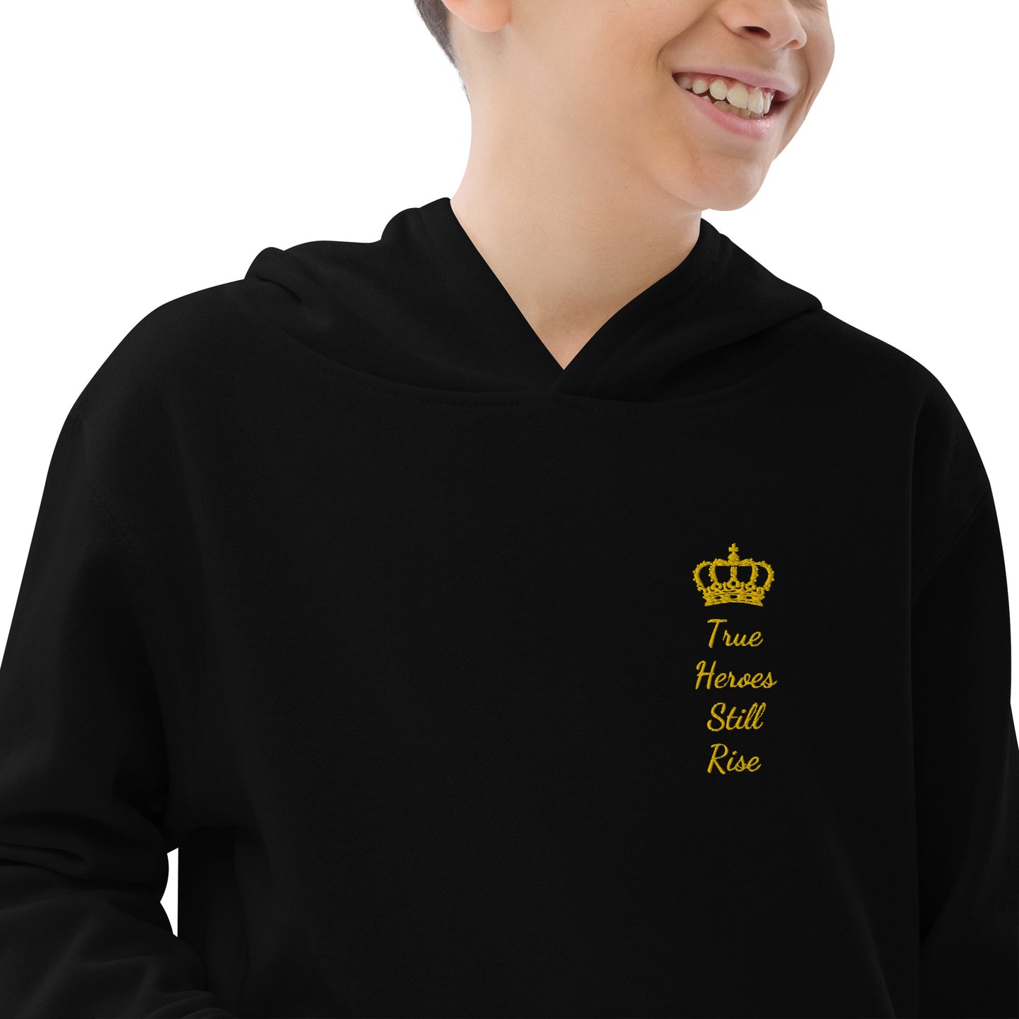 THSR Youth Pullover Hoodies with Left-Chest Logo –Black or White Pullover Hoodies Featuring Gold "True Heroes Still Rise" under a crown Design for Kids