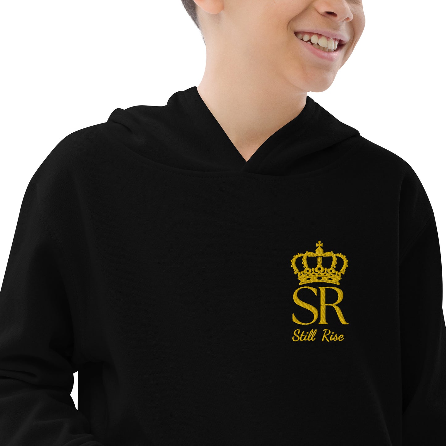 THSR Youth Pullover Hoodies with Left-Chest Logo – Black or White Pullover Hoodies Featuring Gold THSR "SR Still Rise" under a crown Design for Kids