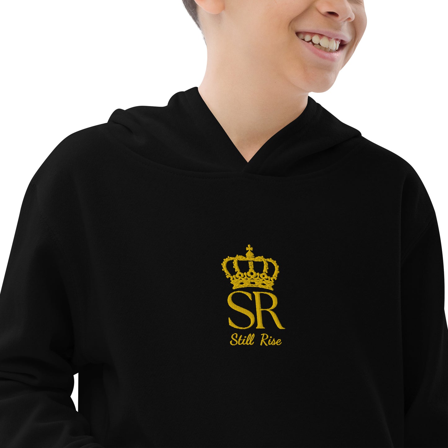 THSR Youth Pullover Hoodies with Center-Chest Logo – Black or White Pullover Hoodies Featuring Gold THSR "SR Still Rise" under a crown Design for Kids