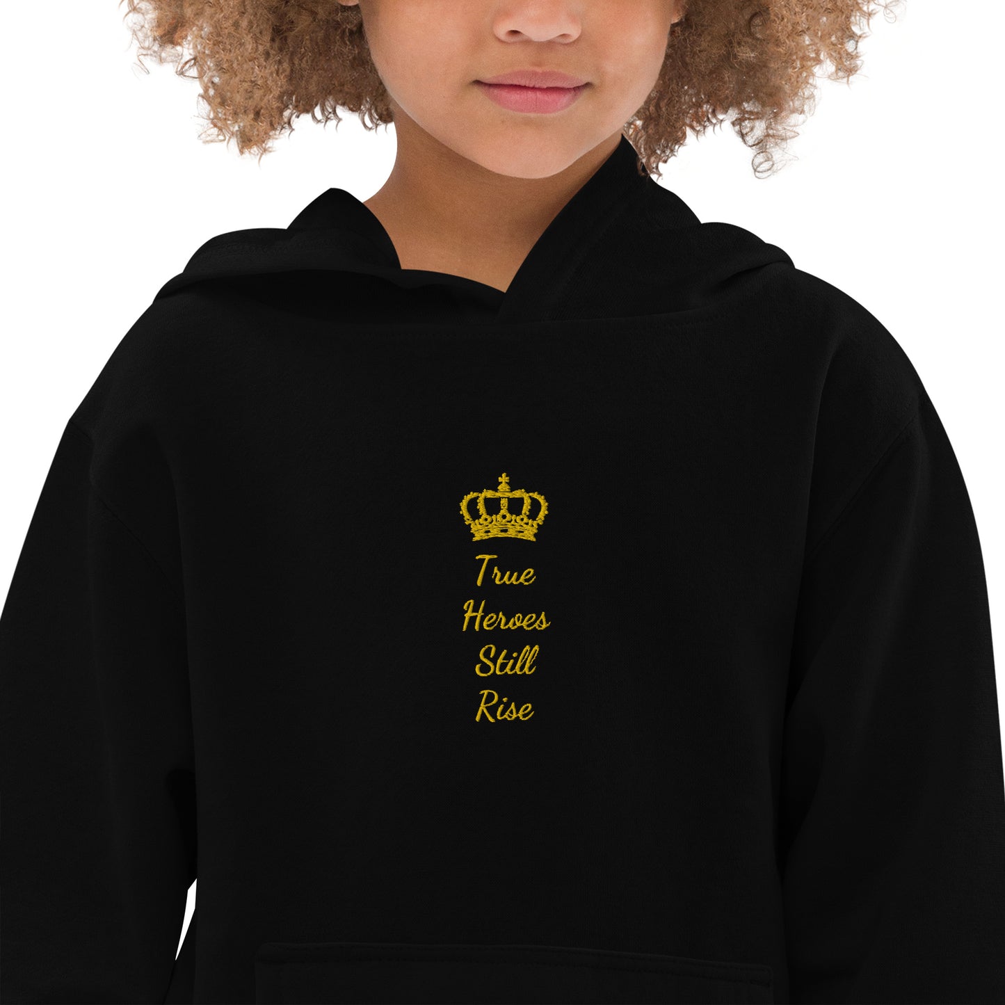 THSR Youth Pullover Hoodies with Center-Chest Logo – Black or White Pullover Hoodies Featuring Gold "True Heroes Still Rise" under a crown Design for Kids