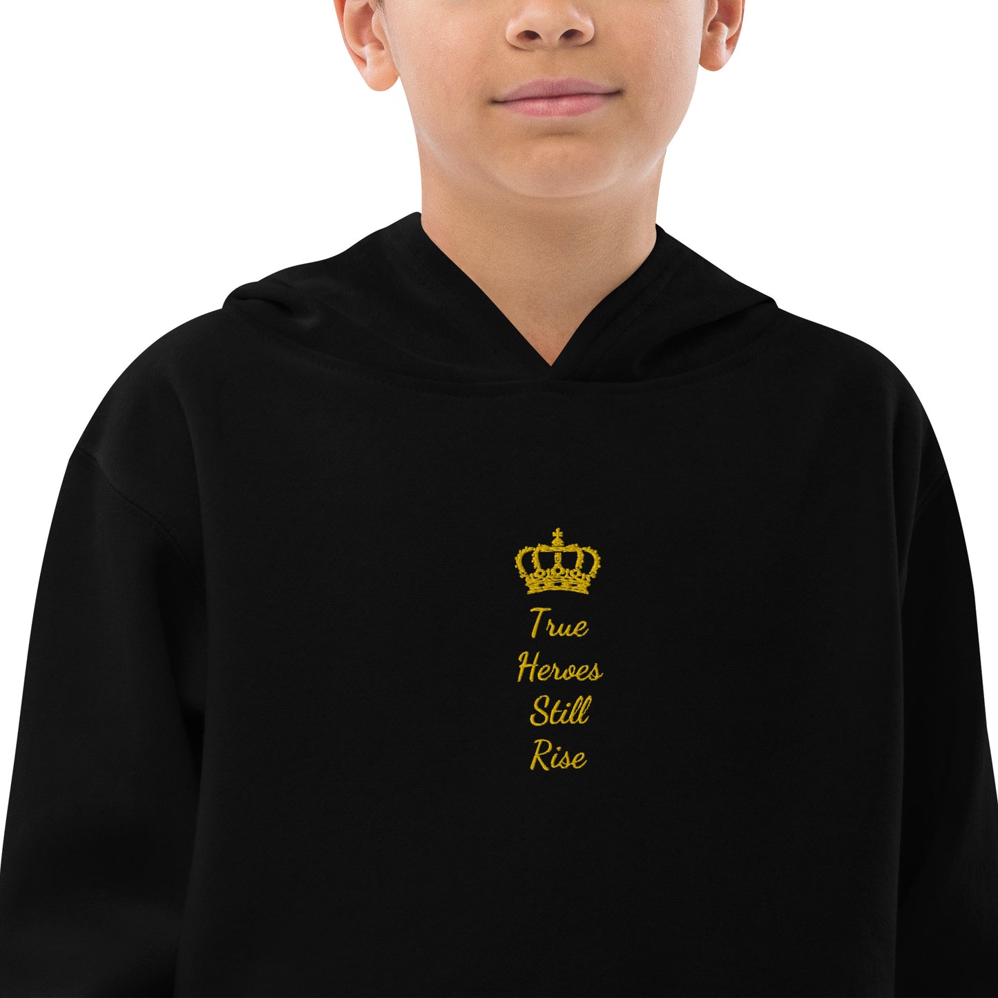 THSR Youth Pullover Hoodies with Center-Chest Logo – Black or White Pullover Hoodies Featuring Gold "True Heroes Still Rise" under a crown Design for Kids