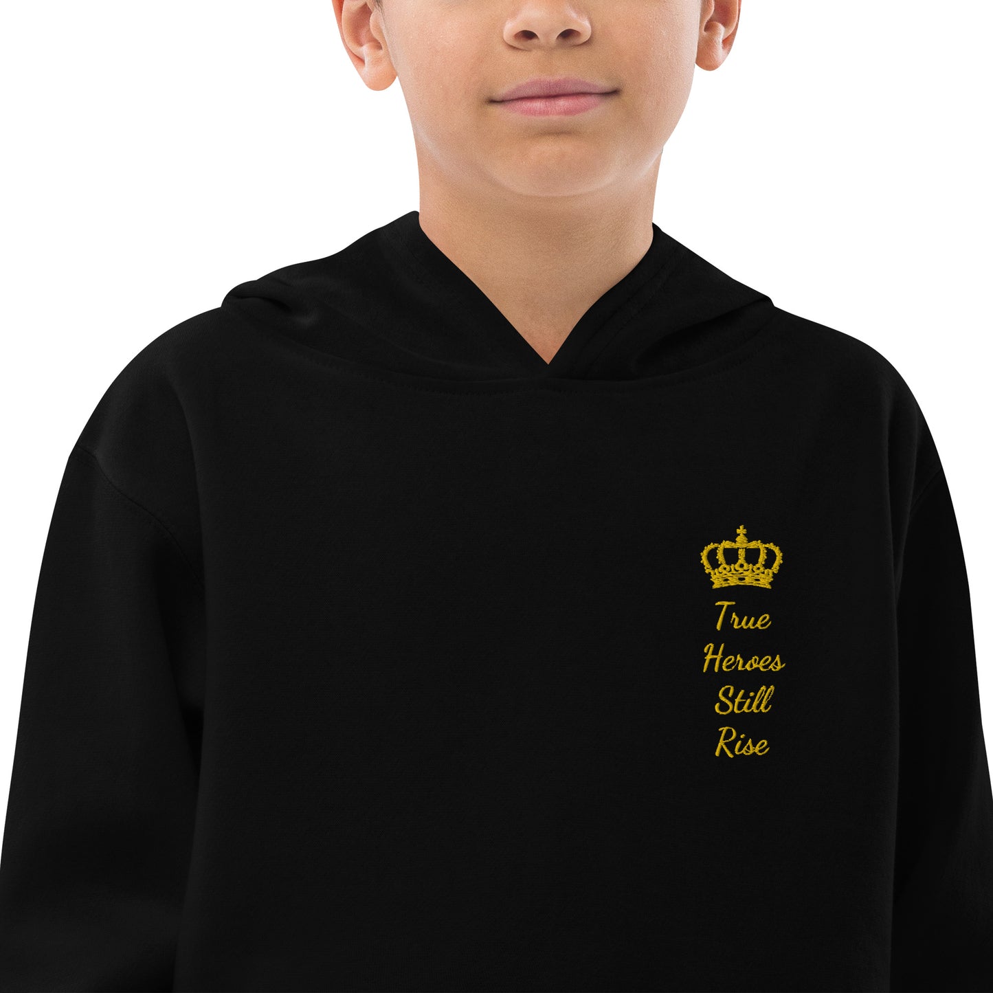 THSR Youth Pullover Hoodies with Left-Chest Logo –Black or White Pullover Hoodies Featuring Gold "True Heroes Still Rise" under a crown Design for Kids