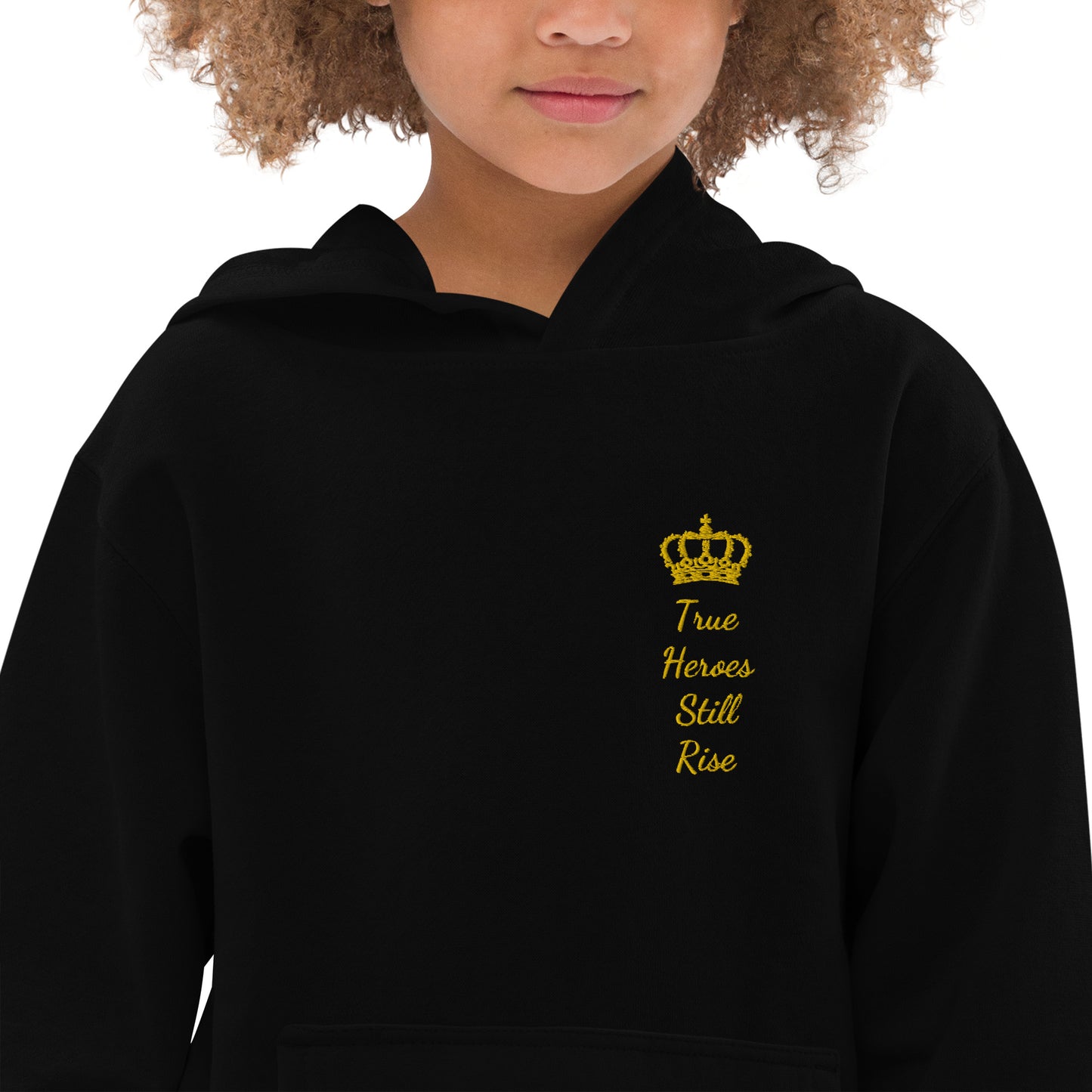 THSR Youth Pullover Hoodies with Left-Chest Logo –Black or White Pullover Hoodies Featuring Gold "True Heroes Still Rise" under a crown Design for Kids