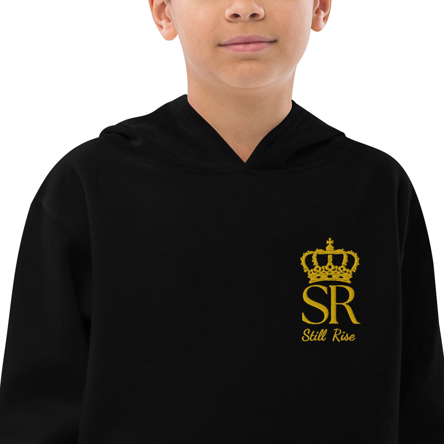 THSR Youth Pullover Hoodies with Left-Chest Logo – Black or White Pullover Hoodies Featuring Gold THSR "SR Still Rise" under a crown Design for Kids