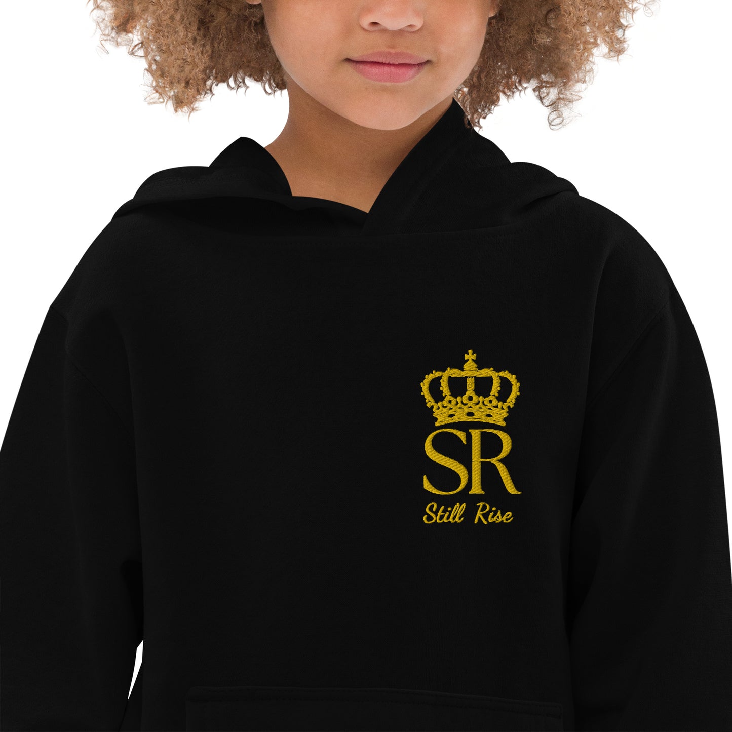 THSR Youth Pullover Hoodies with Left-Chest Logo – Black or White Pullover Hoodies Featuring Gold THSR "SR Still Rise" under a crown Design for Kids