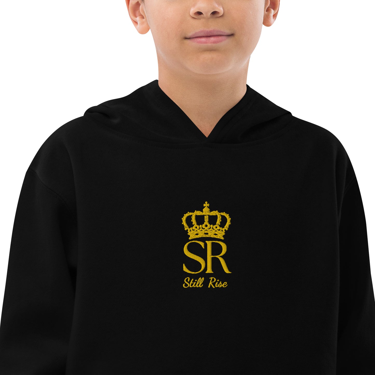 THSR Youth Pullover Hoodies with Center-Chest Logo – Black or White Pullover Hoodies Featuring Gold THSR "SR Still Rise" under a crown Design for Kids