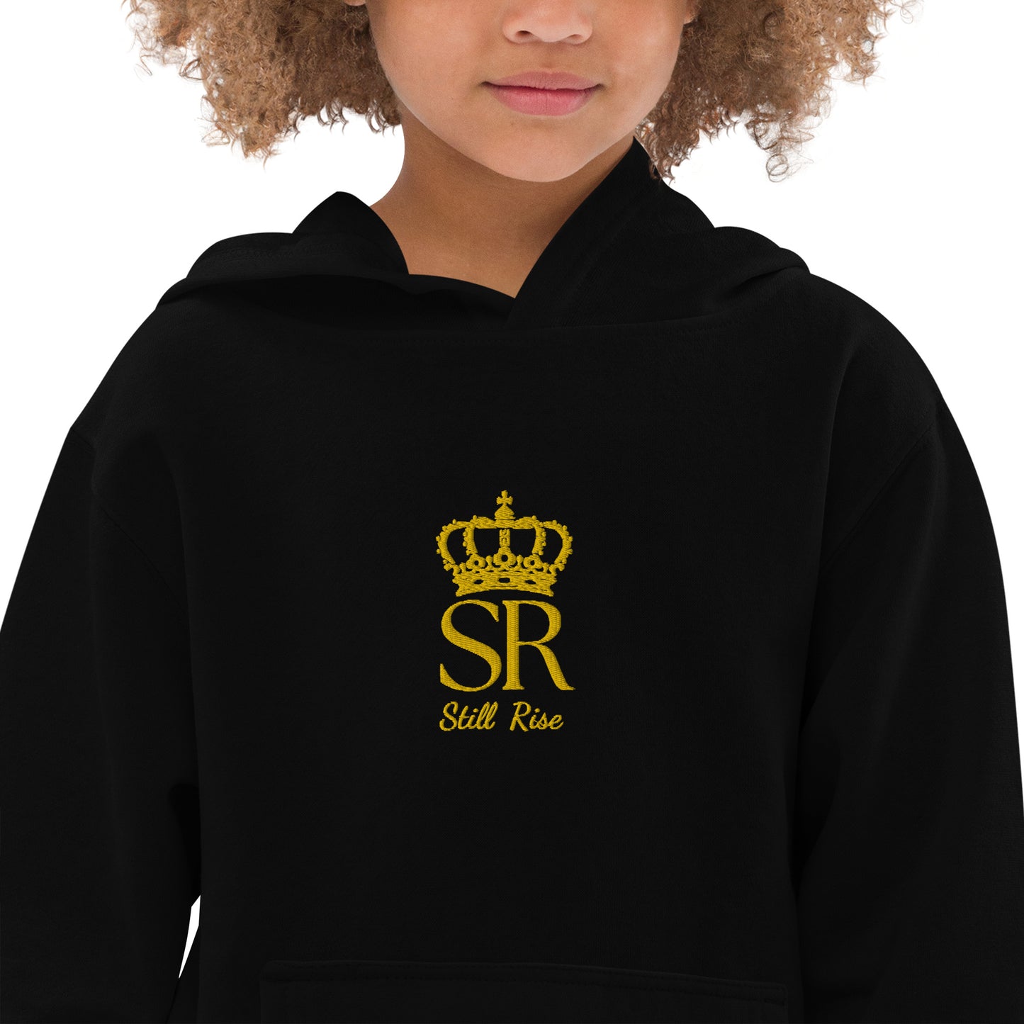 THSR Youth Pullover Hoodies with Center-Chest Logo – Black or White Pullover Hoodies Featuring Gold THSR "SR Still Rise" under a crown Design for Kids