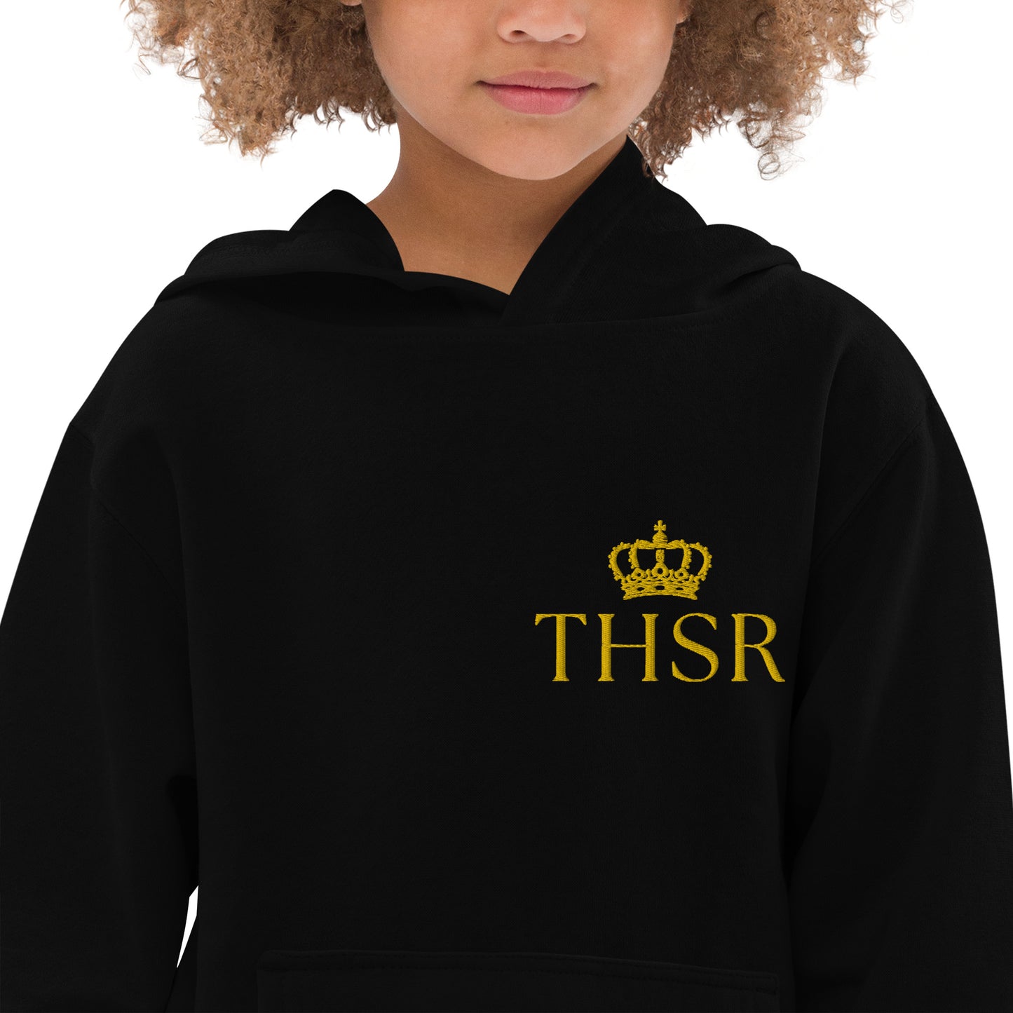 THSR Youth Pullover Hoodies with Left-Chest Logo – Black or White Pullover Hoodies Featuring Gold "THSR" under a crown Design for Kids