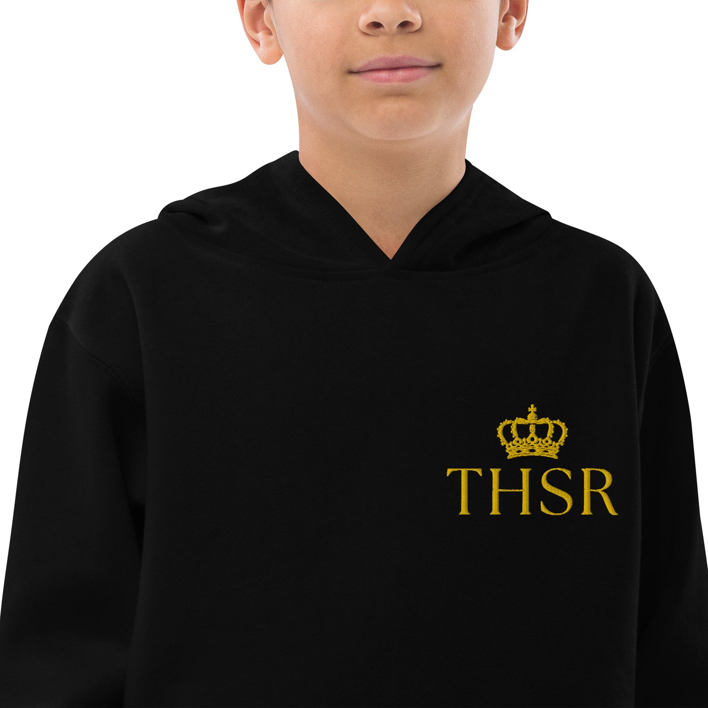 THSR Youth Pullover Hoodies with Left-Chest Logo – Black or White Pullover Hoodies Featuring Gold "THSR" under a crown Design for Kids