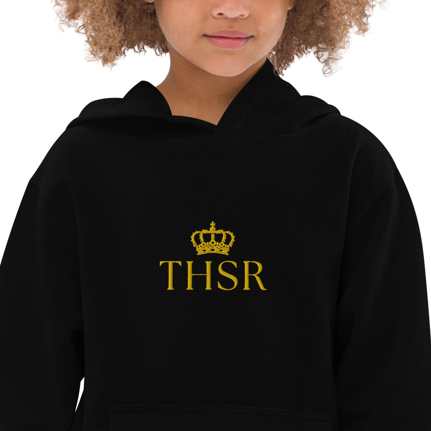 THSR Youth Pullover Hoodies with Center-Chest Logo – Black or White Pullover Hoodies Featuring Gold "THSR" under a crown Design for Kids