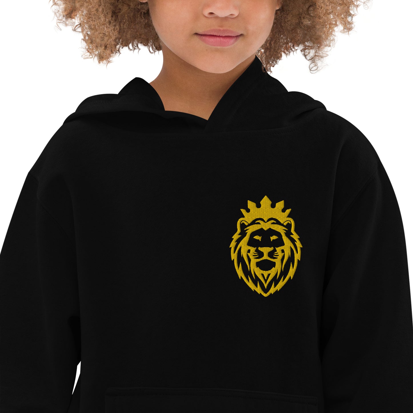 THSR Youth Pullover Hoodies with Left-Chest Logo – Black or White Pullover Hoodies Featuring Gold THSR KING Lion wearing a crown Design for Kids