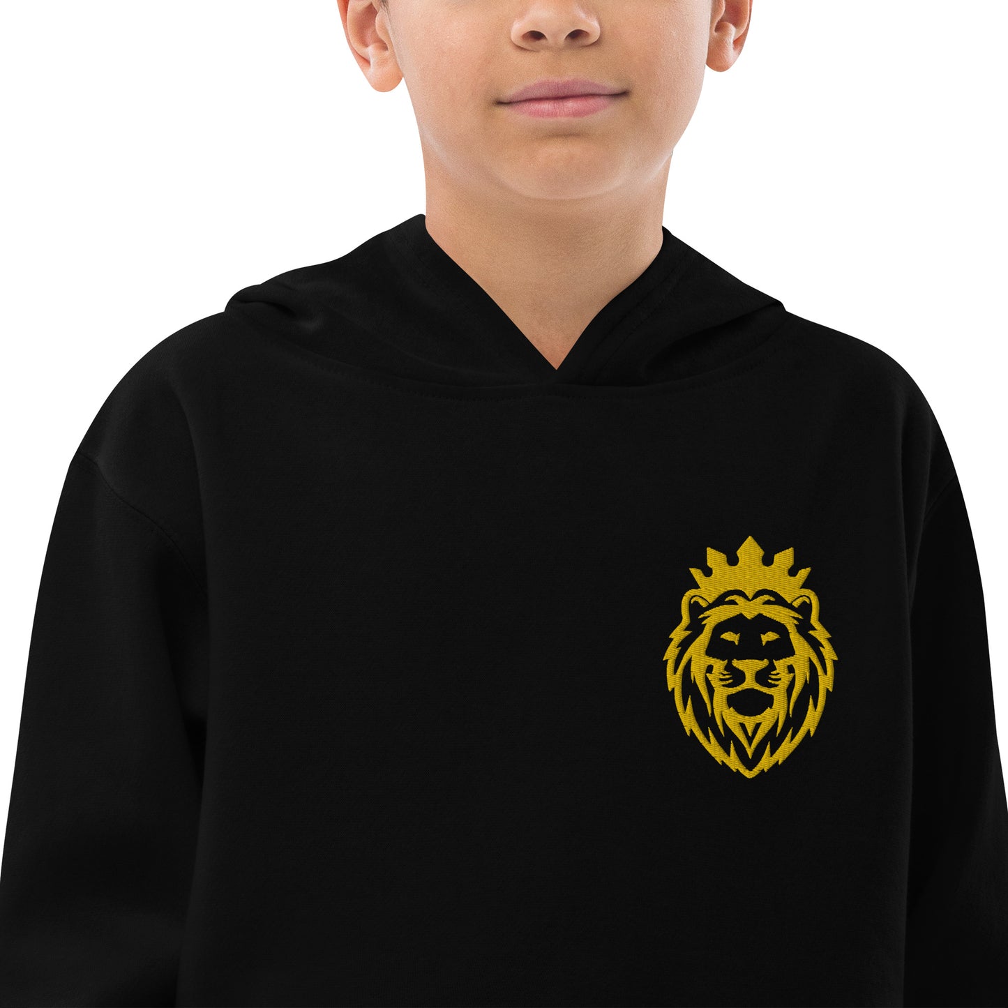 THSR Youth Pullover Hoodies with Left-Chest Logo – Black or White Pullover Hoodies Featuring Gold THSR KING Lion wearing a crown Design for Kids