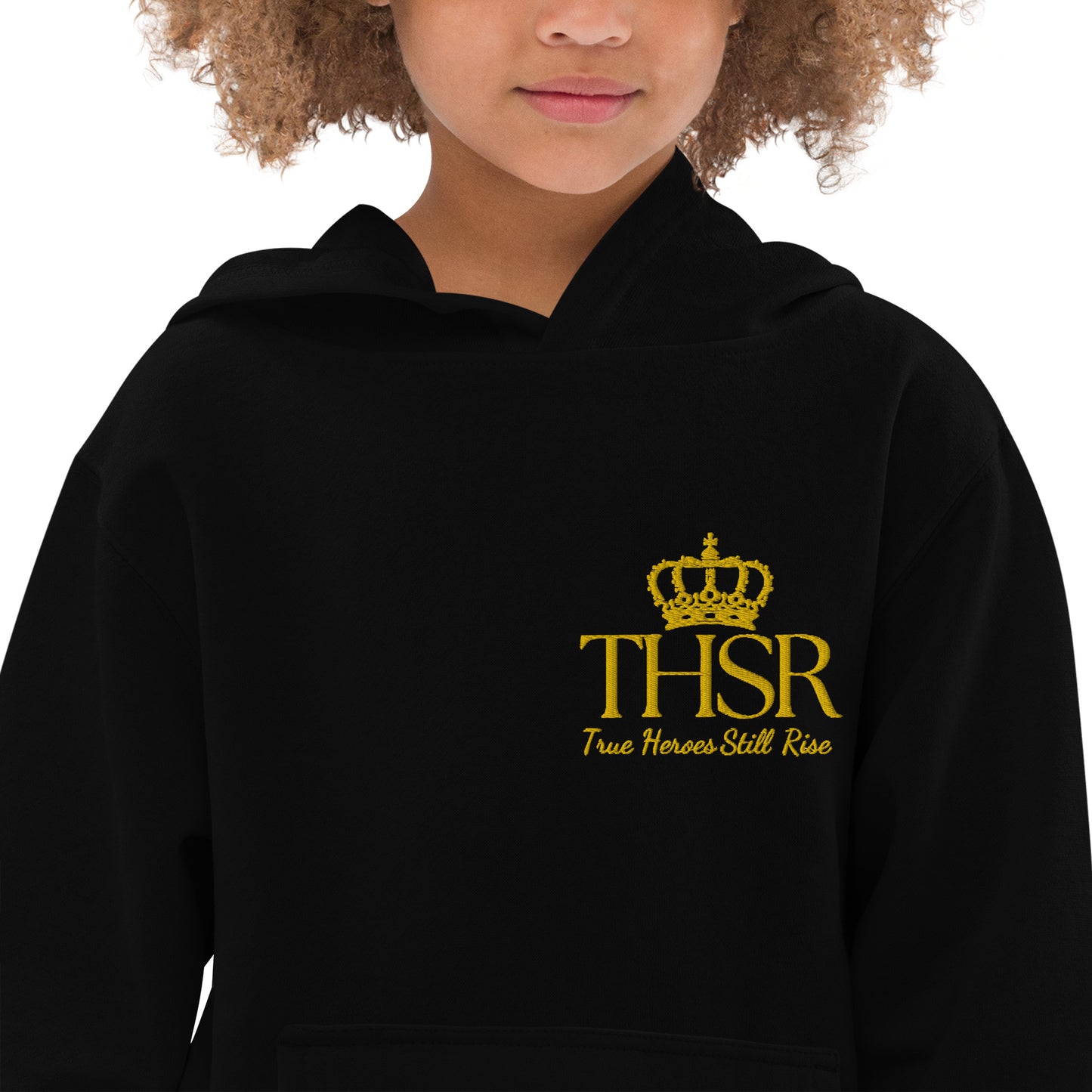 THSR Youth Pullover Hoodies with Left-Chest Logo – Black or White Pullover Hoodies Featuring Gold "THSR True Heroes Still Rise" under a crown Design for Kids