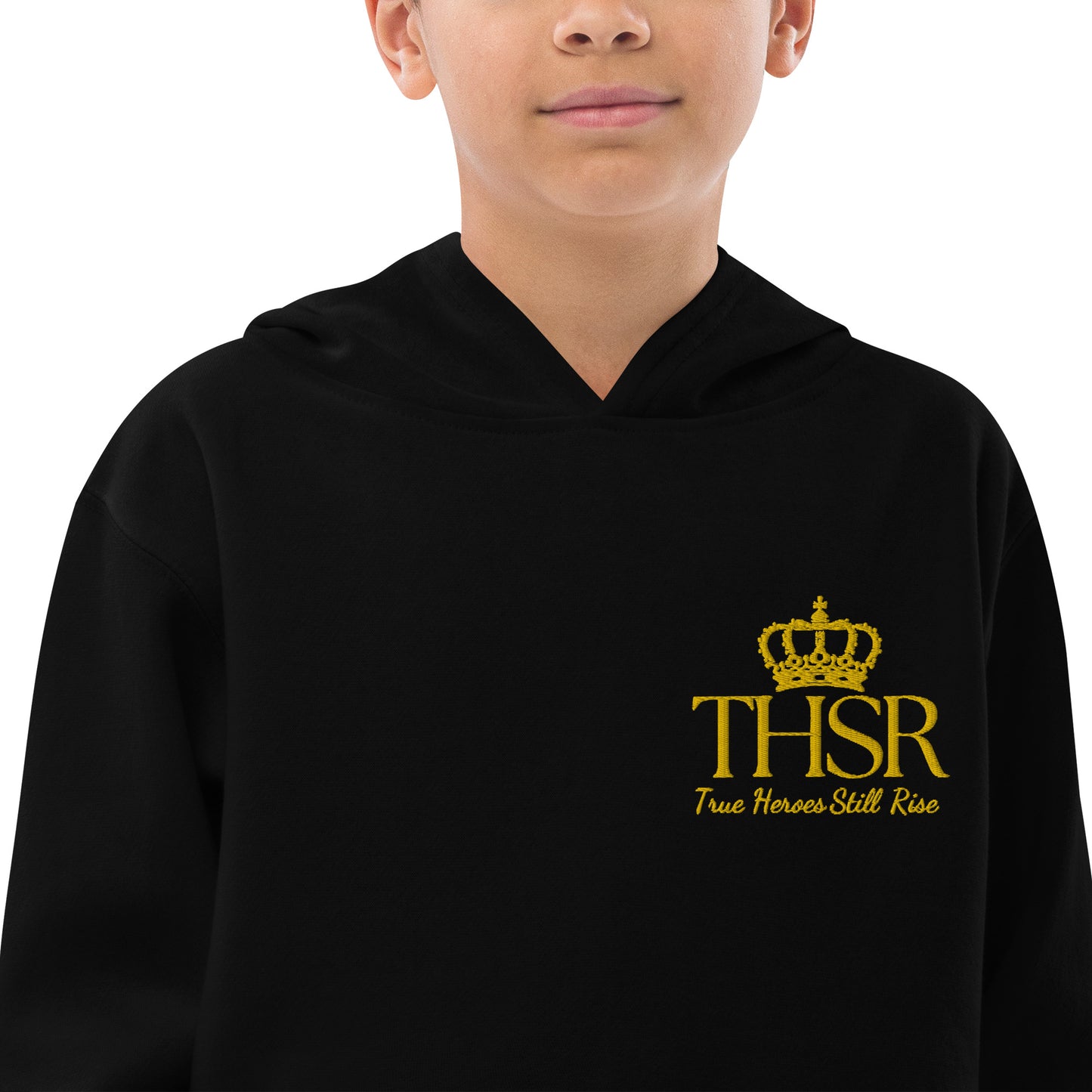 THSR Youth Pullover Hoodies with Left-Chest Logo – Black or White Pullover Hoodies Featuring Gold "THSR True Heroes Still Rise" under a crown Design for Kids