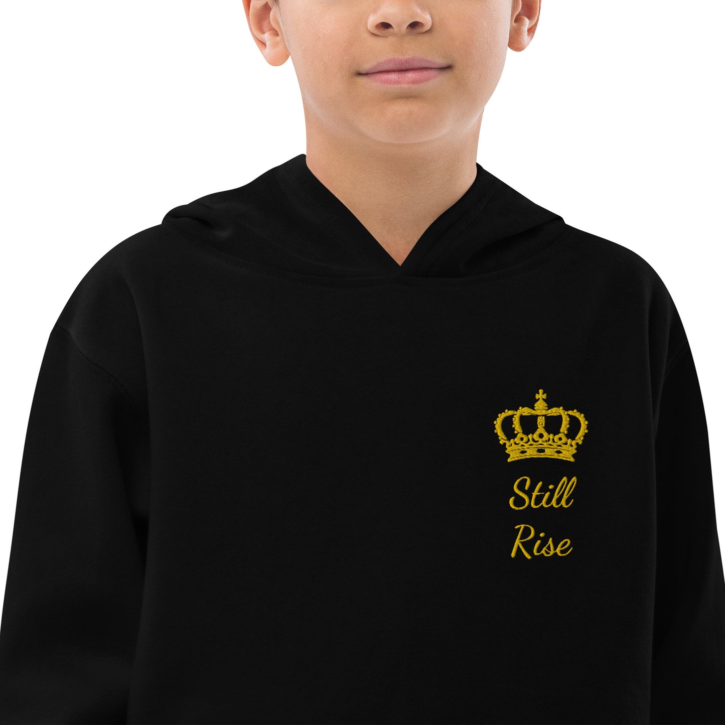 THSR Youth Pullover Hoodies with Left-Chest Logo – Black or White Pullover Hoodies Featuring Gold THSR "Still Rise" under a crown Design for Kids