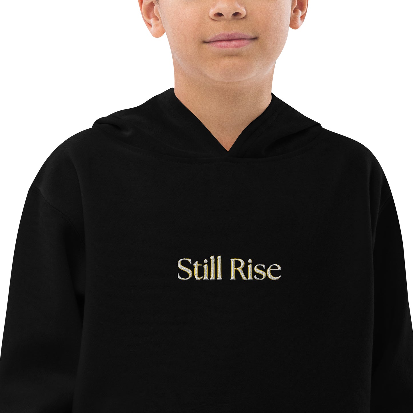 THSR Youth Pullover Hoodies with Center-Chest Logo – Black or White Pullover Hoodies Featuring Bold Gold "Still Rise" Design for Kids