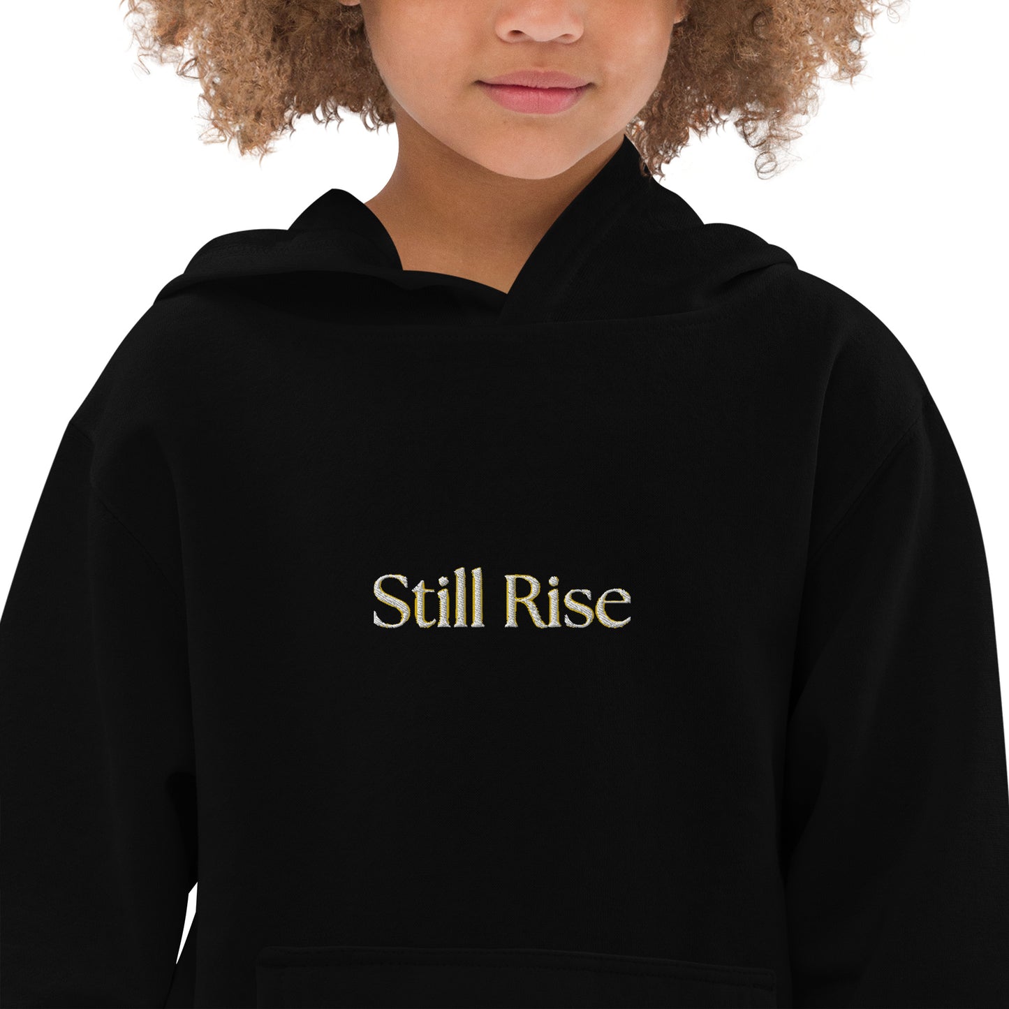 THSR Youth Pullover Hoodies with Center-Chest Logo – Black or White Pullover Hoodies Featuring Bold Gold "Still Rise" Design for Kids