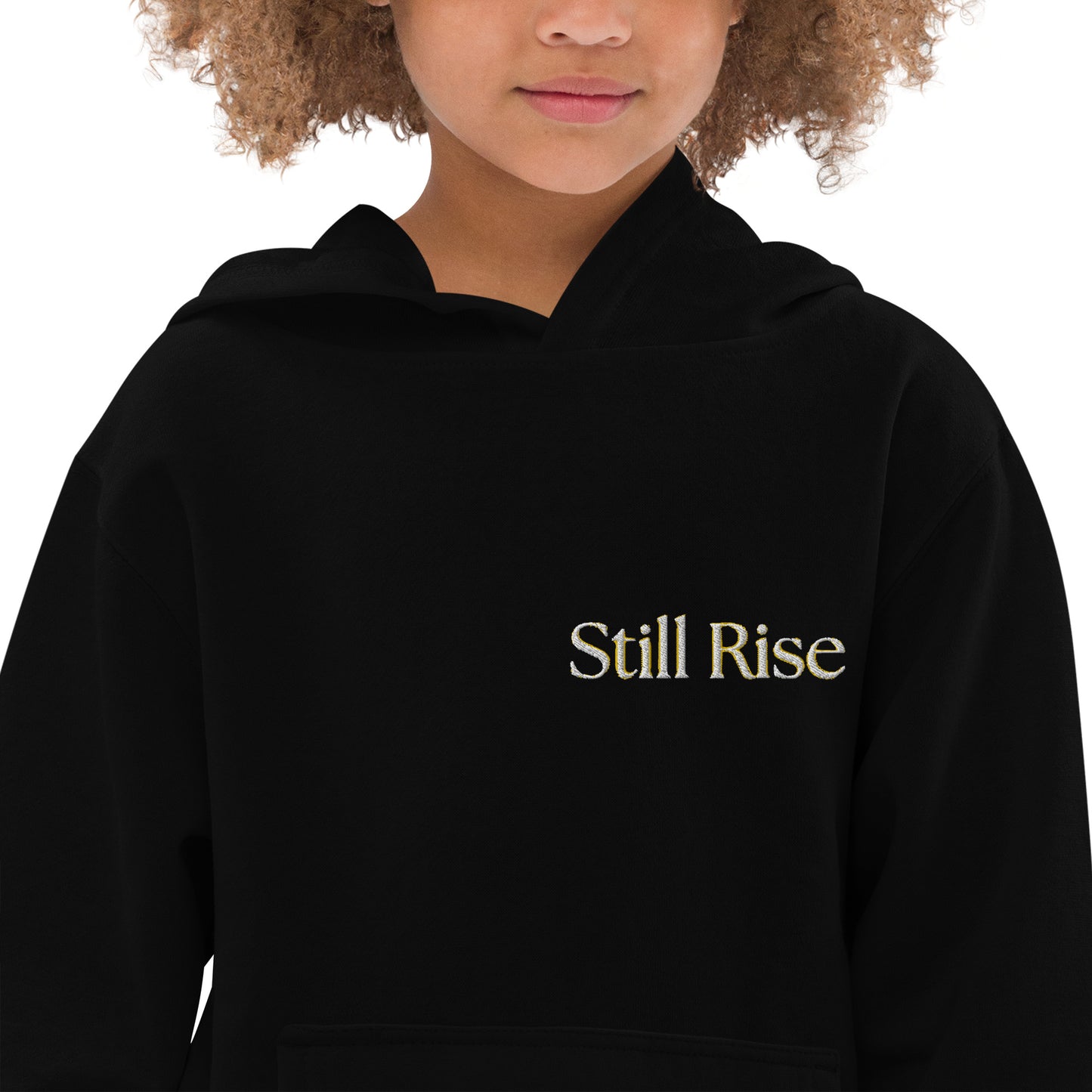 THSR Youth Pullover Hoodies with Left-Chest Logo – Black or White Pullover Hoodies Featuring Bold Gold "Still Rise" Design for Kids